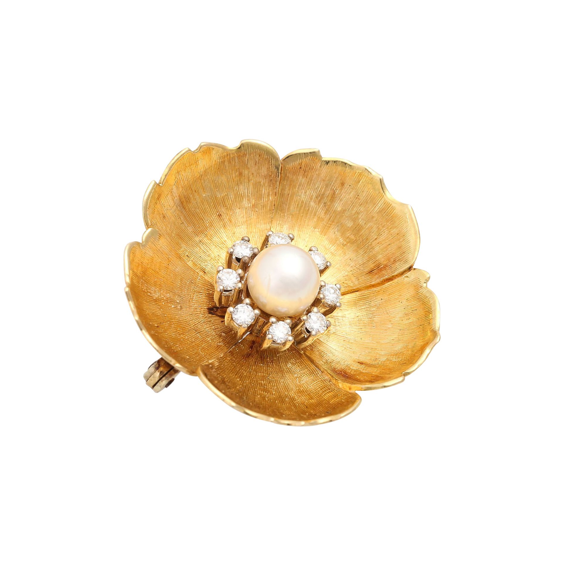 Blütenbrosche mit Perle und Brillantenvon zus. ca. 0,24 ct von guter Farbe u. Reinheit, Zuchtperle - Bild 3 aus 4