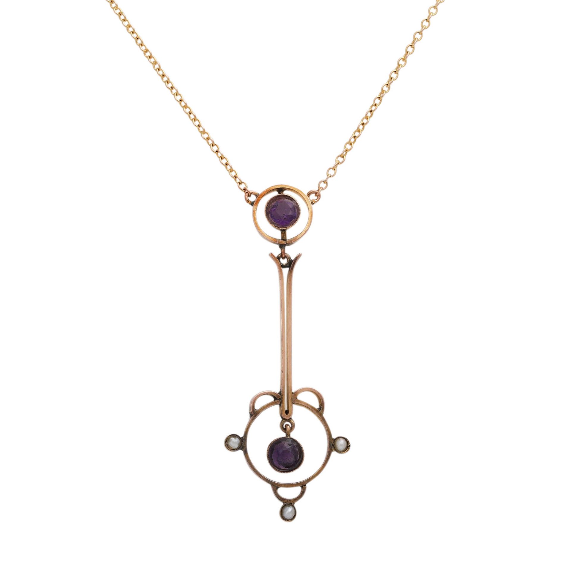 Jugendstil Collier mit kleinen Amethystenund kleinen Perlen, GG 9K, Kettenlänge ca. 39 cm, - Bild 2 aus 4