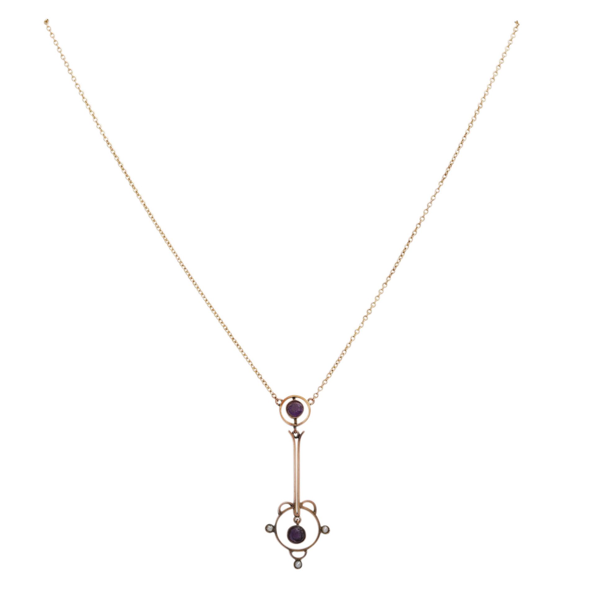 Jugendstil Collier mit kleinen Amethystenund kleinen Perlen, GG 9K, Kettenlänge ca. 39 cm,