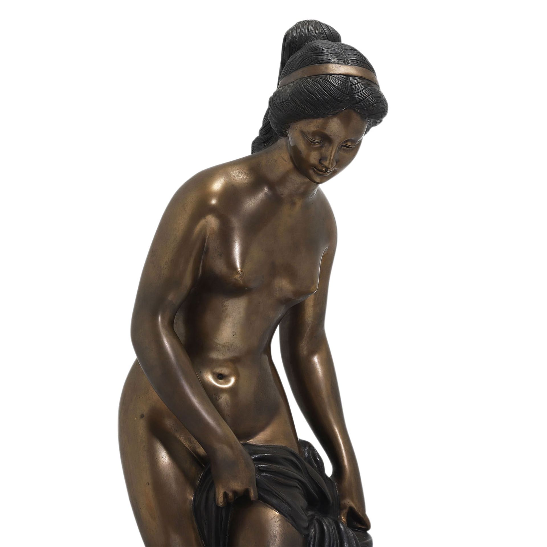 MOREAU 'Badende', 20. Jh..Bronze, stehende weibliche Aktfigur mit Tuch, bez. 'Moreau', auf rundem - Bild 5 aus 6