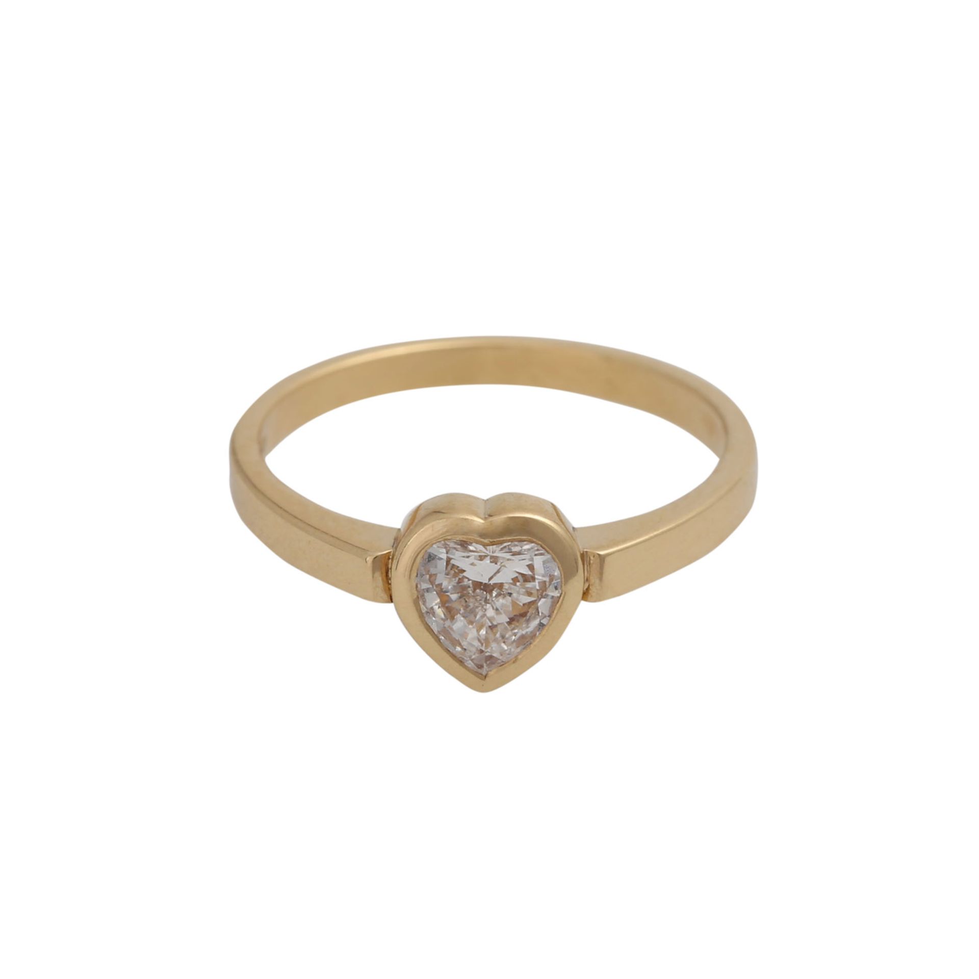 Ring mit Herzdiamant ca. 0,37 ct,GET (M)/VS, GG 18K, RW: 50, Ende 20. Jh., minimale Tragespuren.Ring