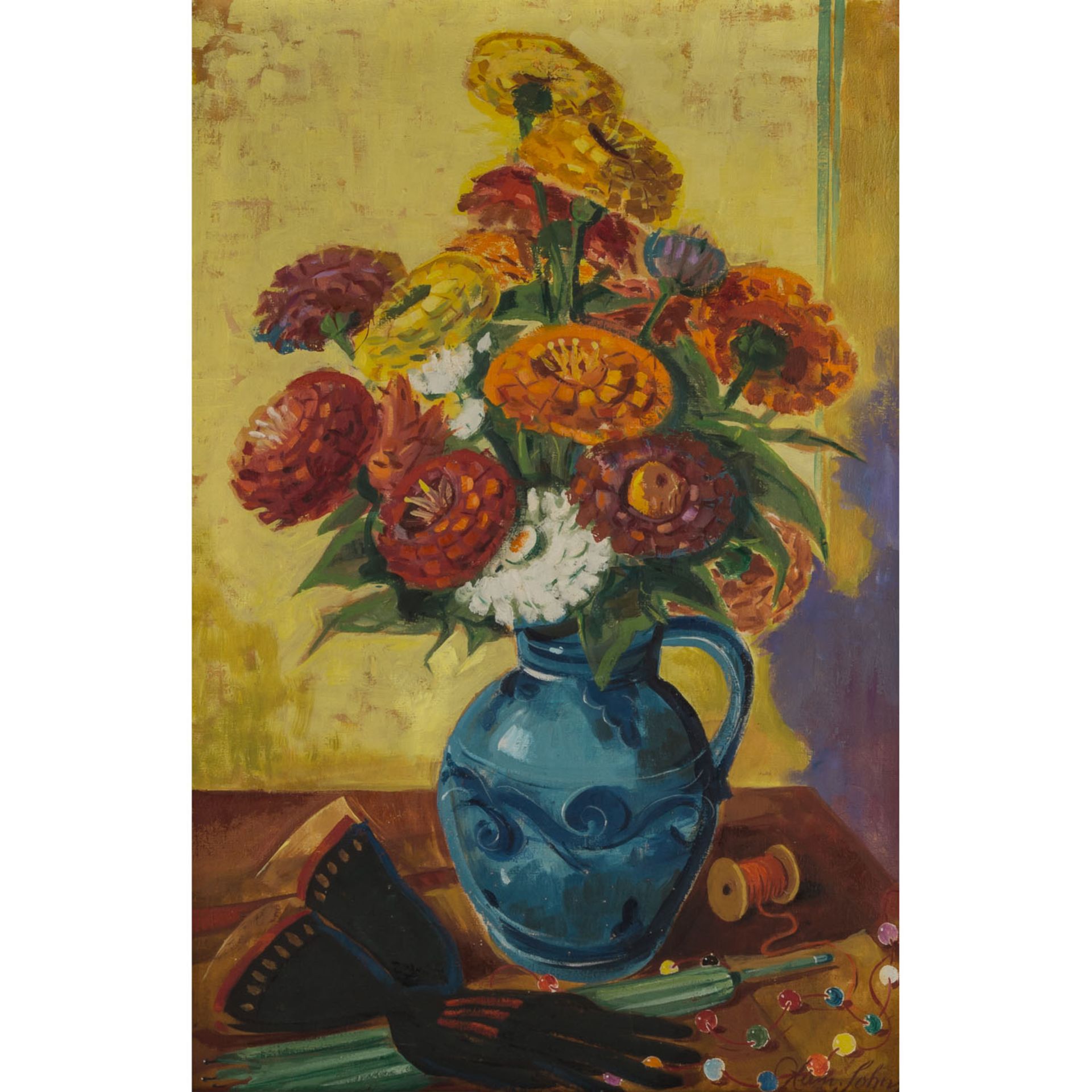 SOHN, HERMANN (1895 - 1971), "Stillleben mit Blumen in blauem Krug, Handschuhen und Schirm",auf