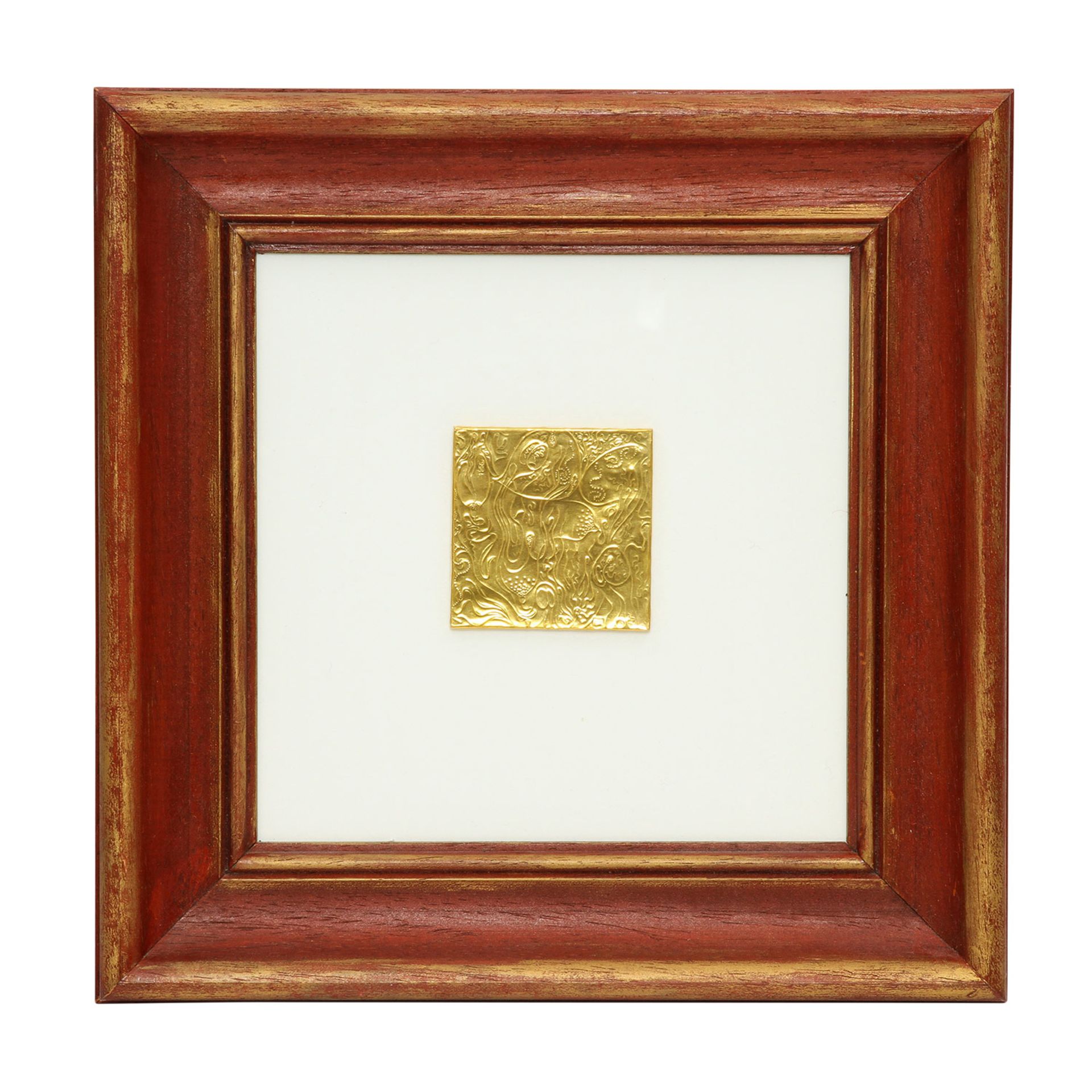 Goldminiatur "Semé" (1966) von E. BURGEL,Gold 900, gerieben + ziseliert, quadratisch, auf Acryl