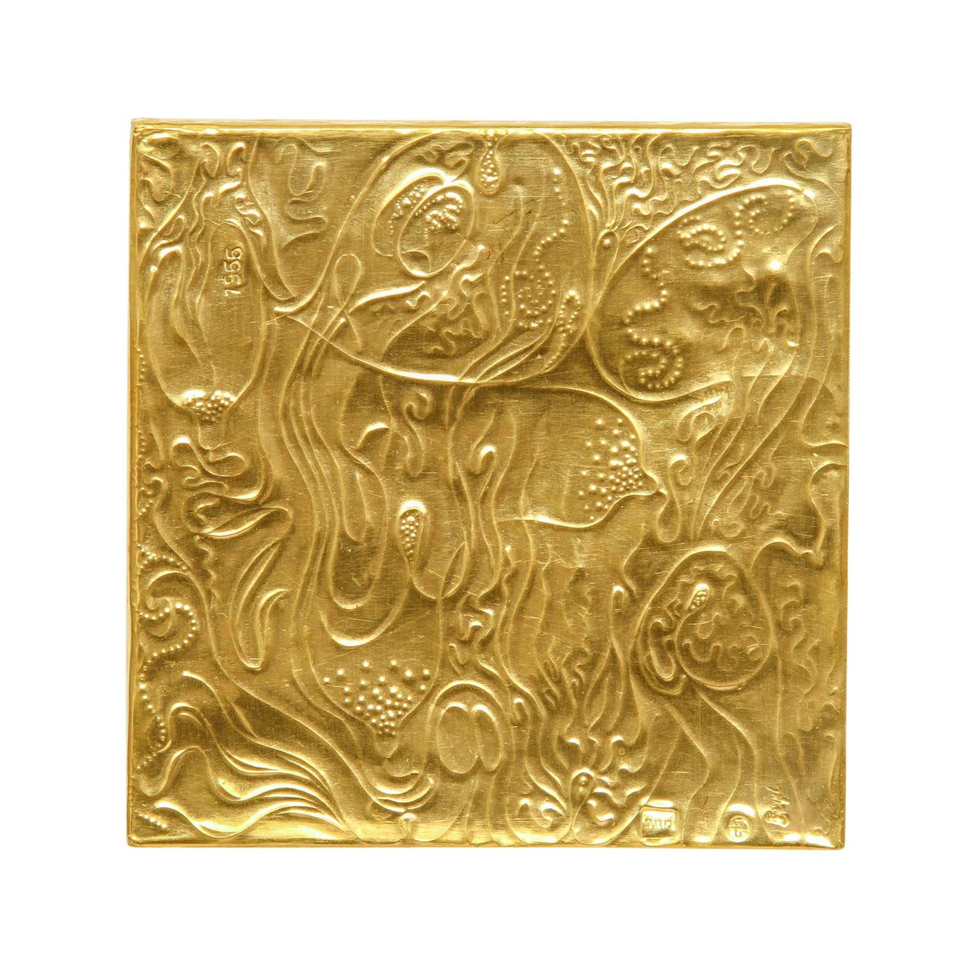 Goldminiatur "Semé" (1966) von E. BURGEL,Gold 900, gerieben + ziseliert, quadratisch, auf Acryl - Bild 2 aus 6