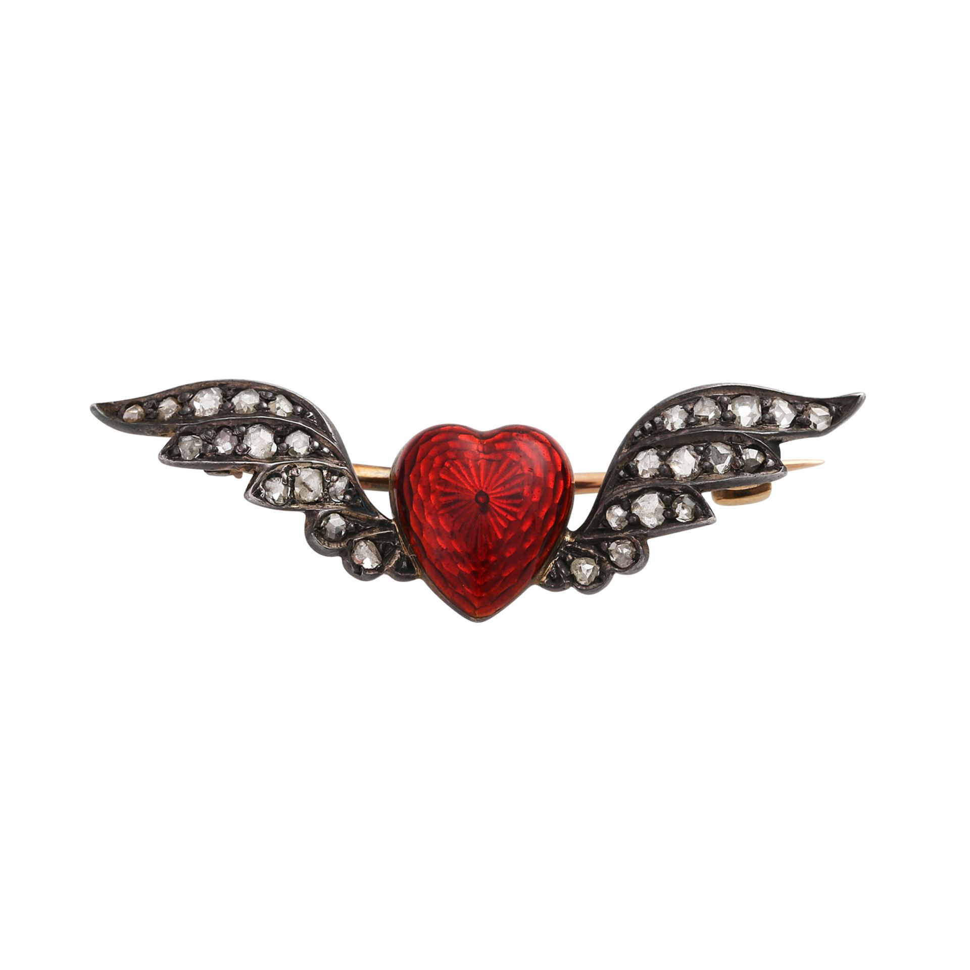Brosche "geflügeltes Herz" bes. mit 28 Diamantrosen,zus. ca. 0,3 ct in den Flügeln, Herz plastisch