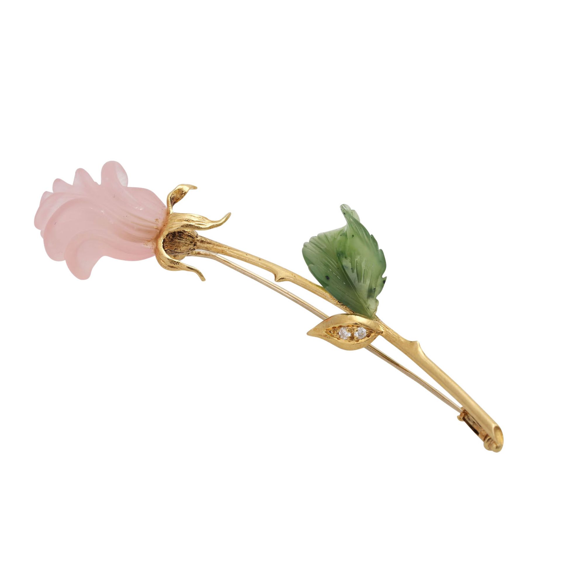 Brosche "Rose" mit Rosenquarzblüte,ca.19x18 mm, Nephritblatt ca.17x11 mm, 2 Brill. zus. ca. 0,04 ct, - Bild 3 aus 4