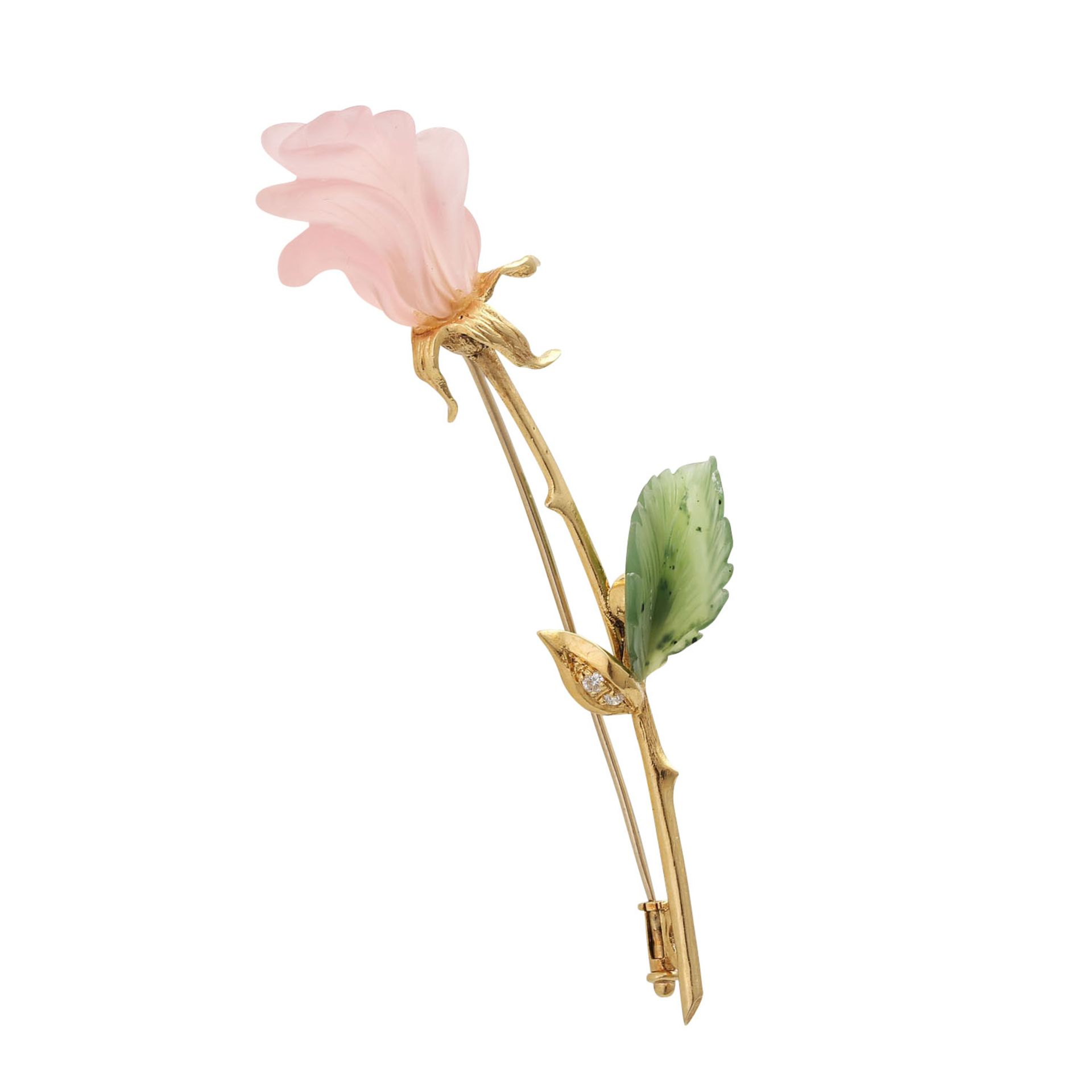 Brosche "Rose" mit Rosenquarzblüte,ca.19x18 mm, Nephritblatt ca.17x11 mm, 2 Brill. zus. ca. 0,04 ct, - Bild 2 aus 4