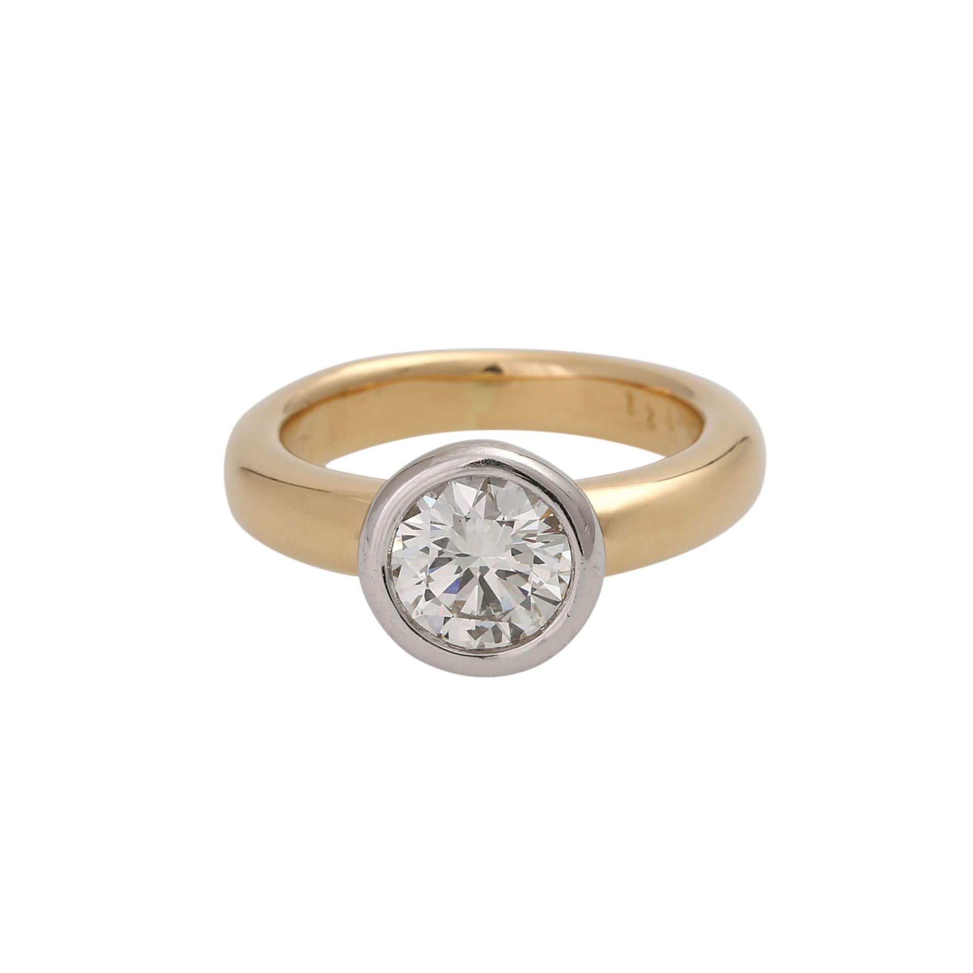 Solitärring Brillant ca. 1,24 ct(punz.), GW (K-L)/VVS2-VS1, GG/WG 18K, RW: 51, 20./21. Jh.