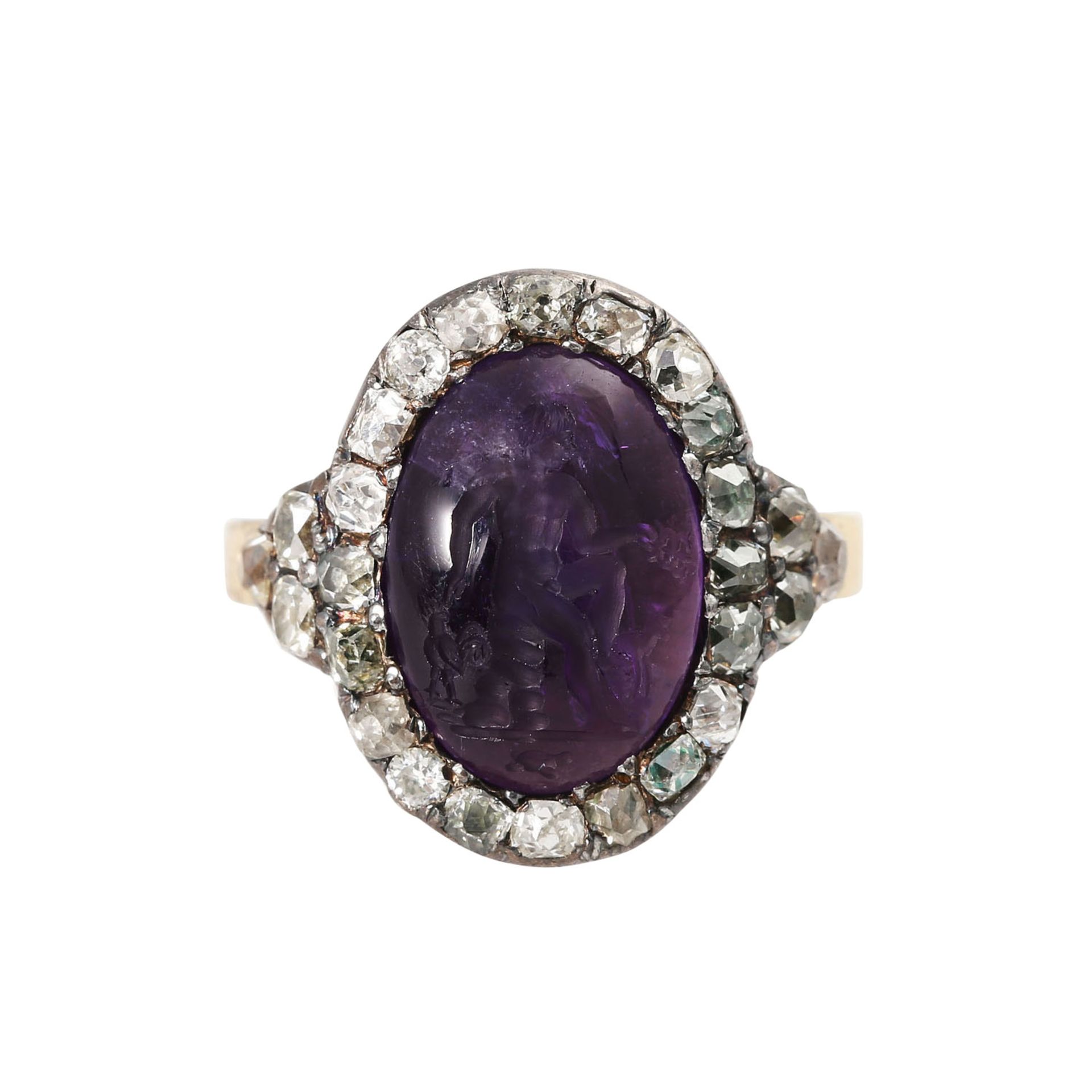 Antiker Ring mit graviertem Amethystcabochonmit wohl mythologischer Darstellung (Hirte, Hahn, Schaf,