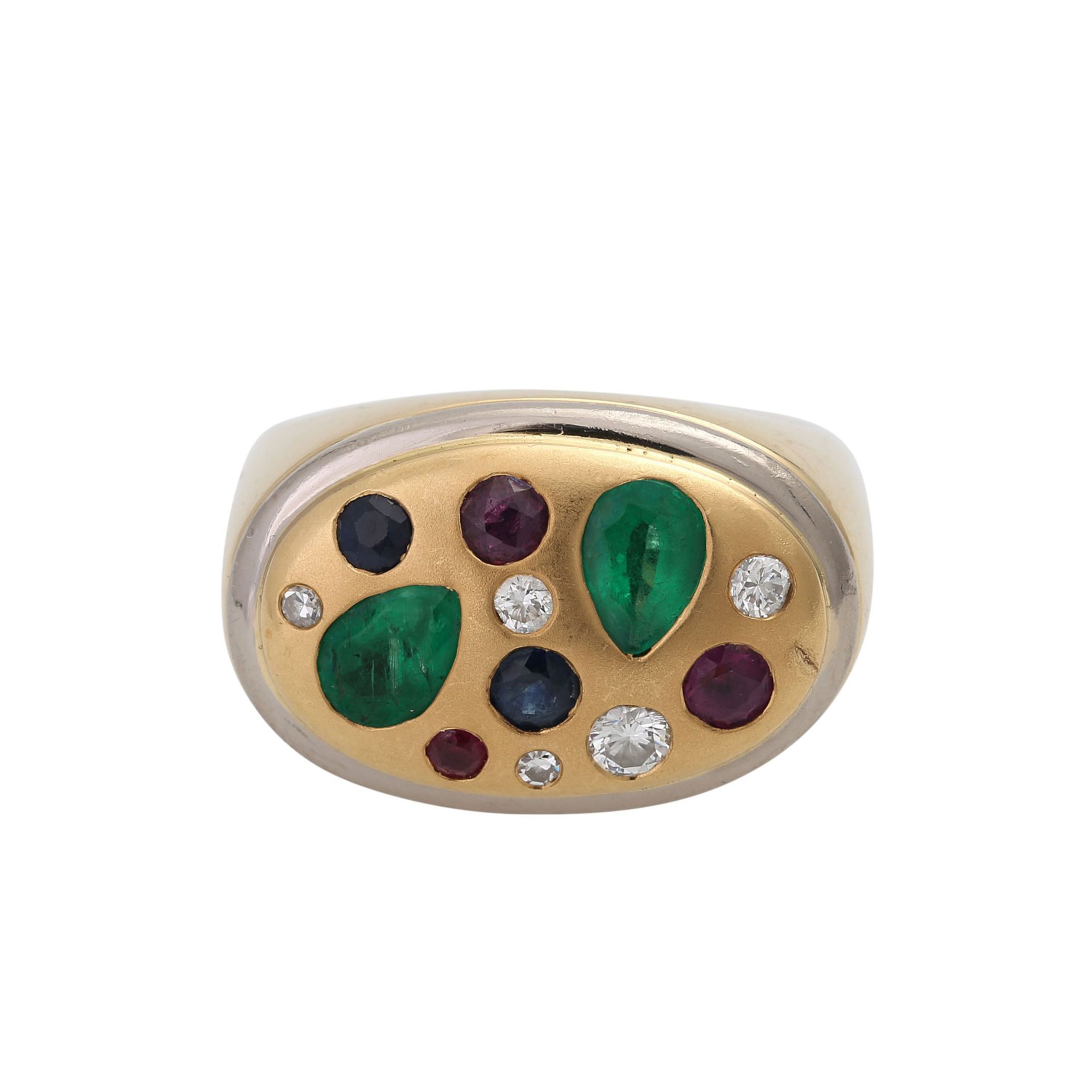 Ring mit Smaragden, Rubinen, Saphiren u. Brillantenzus. ca. 0,2 ct, gute Farbe u. Reinheit, GG