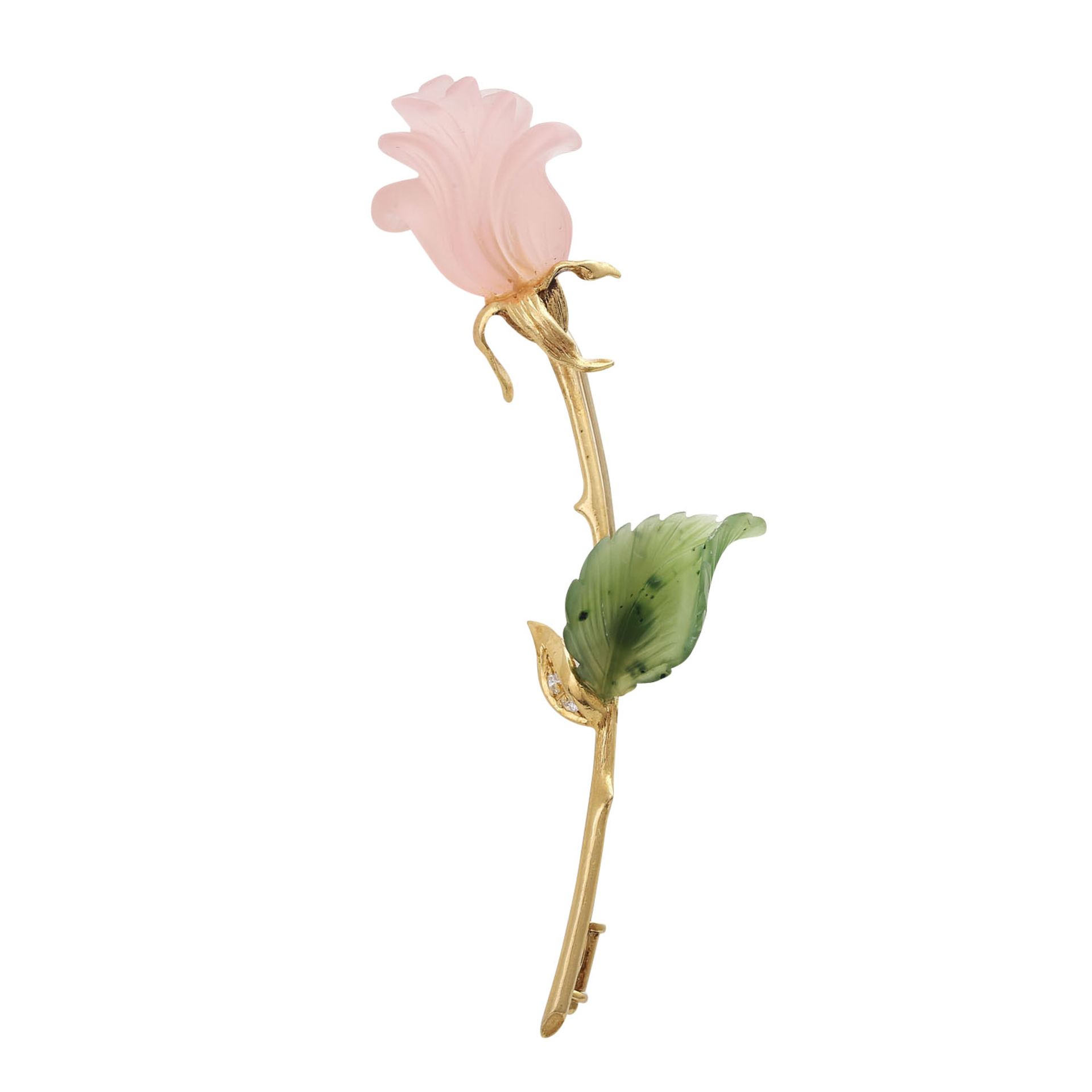 Brosche "Rose" mit Rosenquarzblüte,ca.19x18 mm, Nephritblatt ca.17x11 mm, 2 Brill. zus. ca. 0,04 ct,