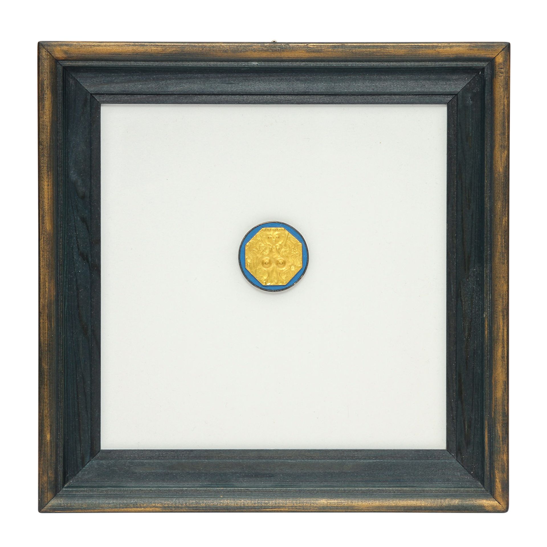 Goldminiatur "Fee" (1980) von E. BURGEL,Gold 900, Silber, getrieben + ziseliert, auf Acryl, mit
