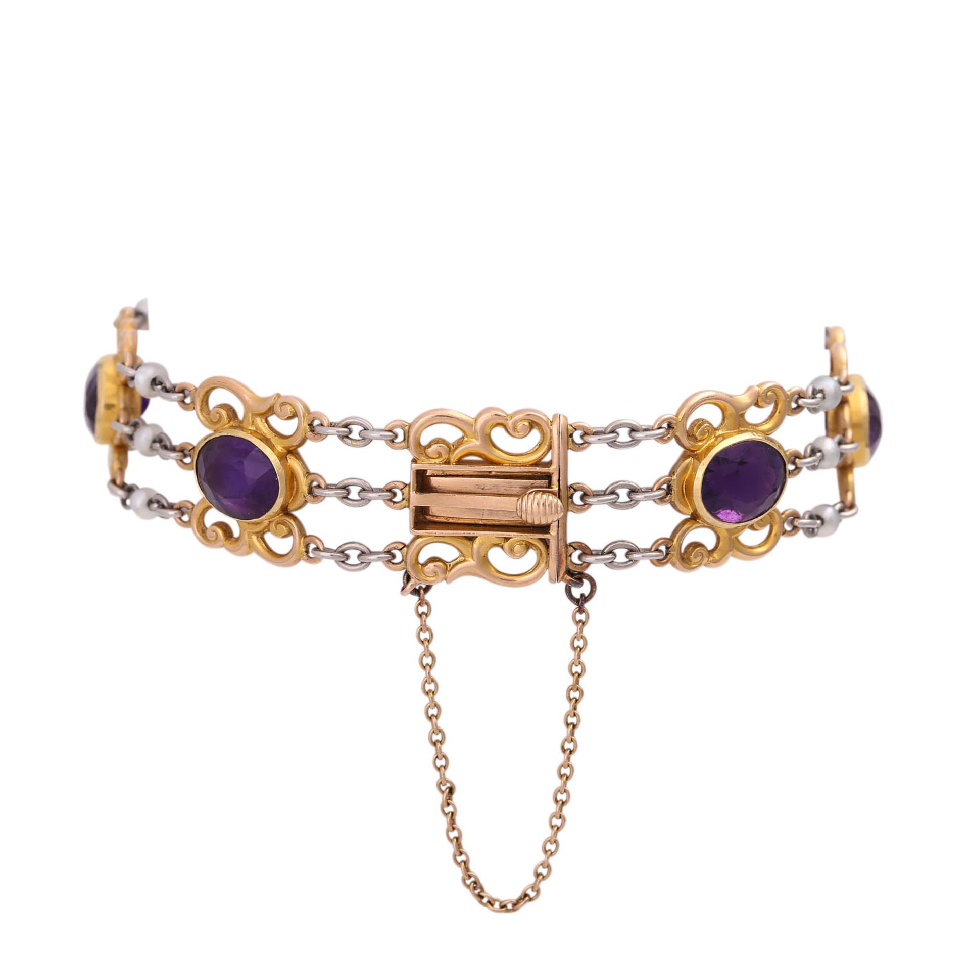 Armband mit 7 oval fac. Amethysten und 18 kl. Naturperlen,GG 15K und Platin, L: ca. 18,5 cm, um - Bild 2 aus 5