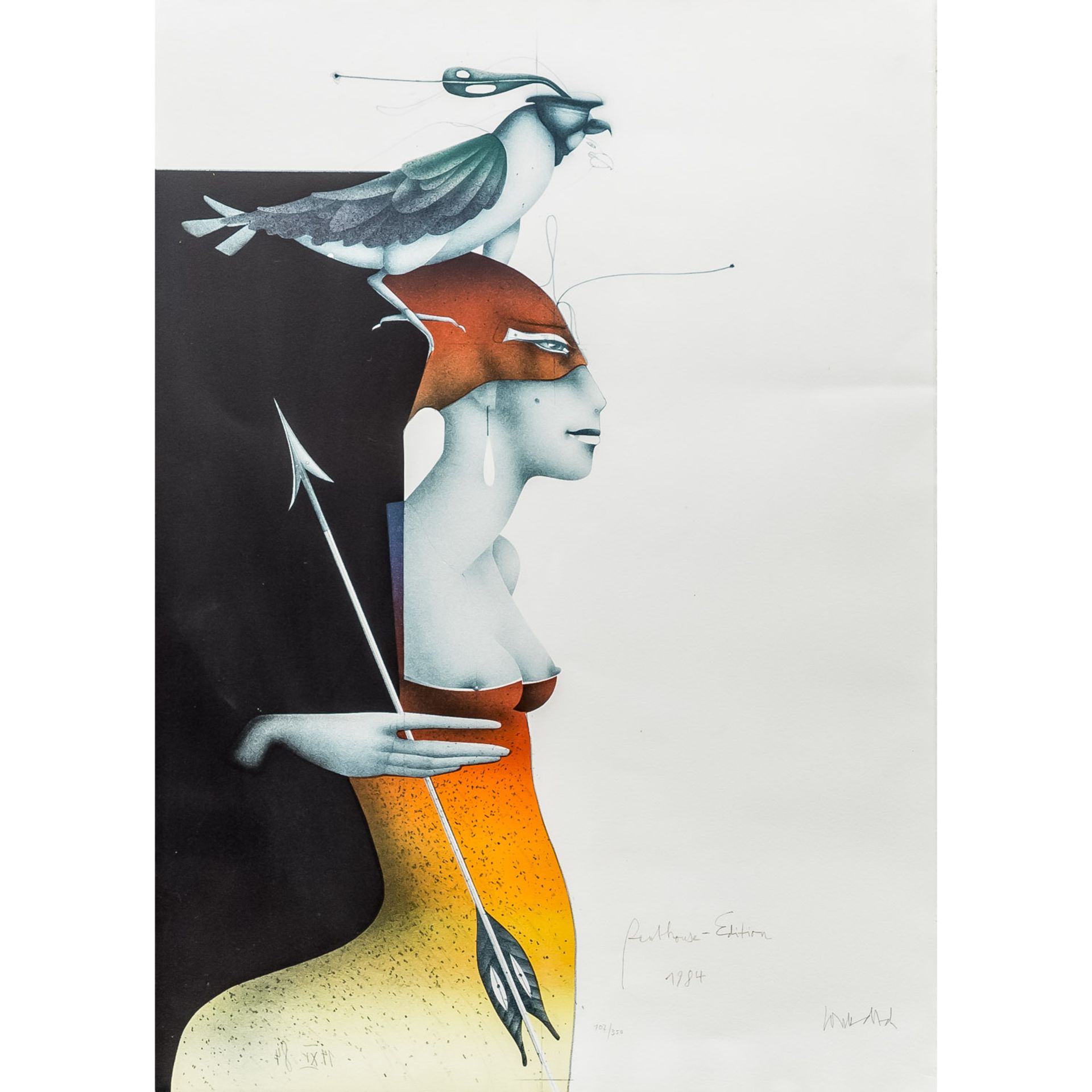 WUNDERLICH, PAUL (1927 - 2010), "Falknerin mit Falke im Profil", Penthouse-Edition 1984,