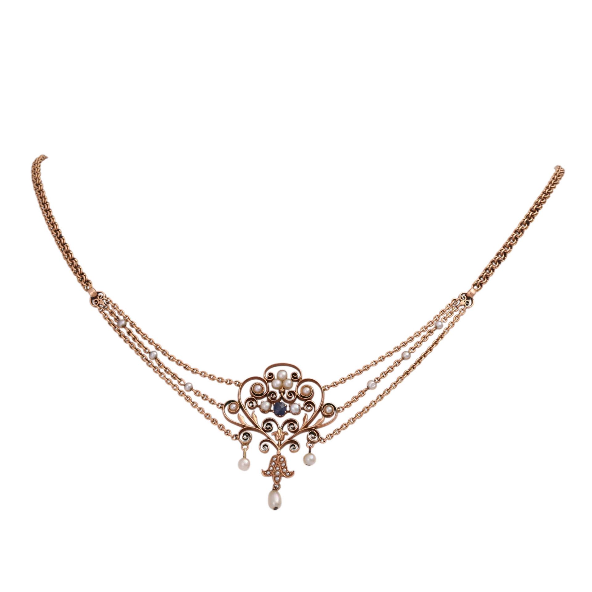 Collier mit Saphir und Perlbesatz,RSG 14K, L. ca 45 cm, um 1900, altergem. schöner Erhalt,