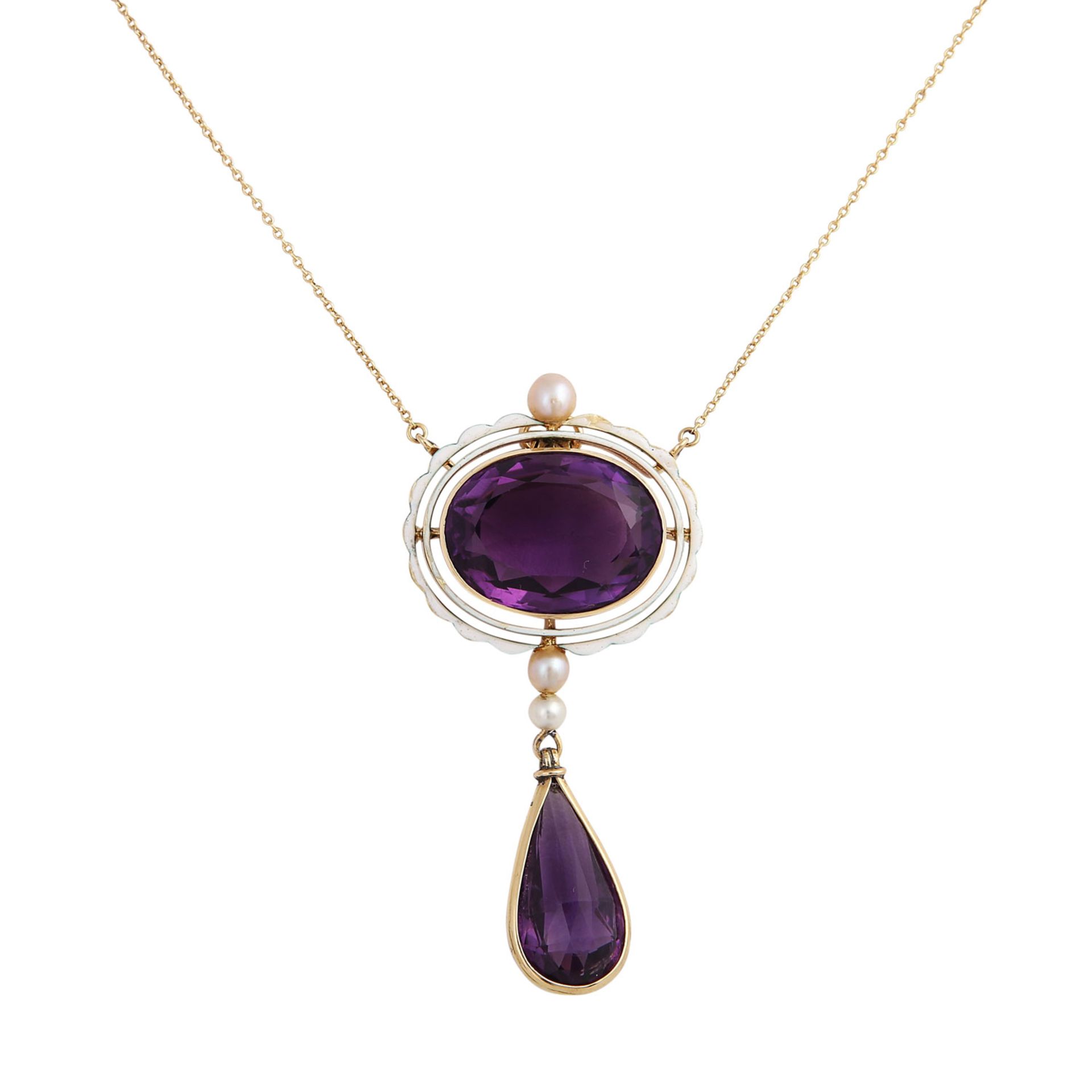 Collier mit oval fac. Amethyst, zarte Doppelumrandung weiß emailliert,mit 3 Orientperlen und abh. - Bild 2 aus 4