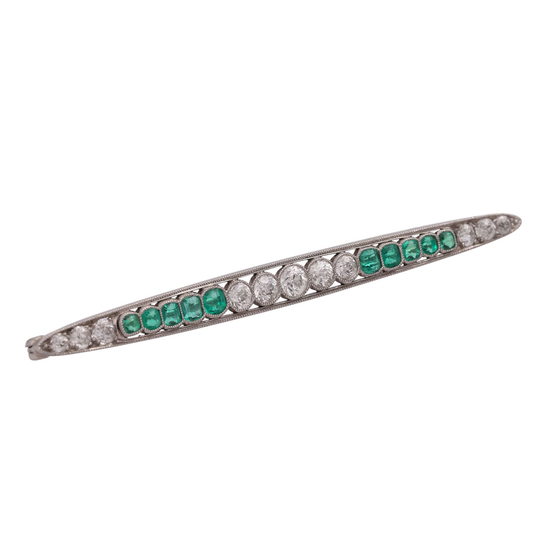 Art Déco Nadel mit 11 Altschliffdiamanten, zus. ca. 1,5 ctund 10 Smaragden von schöner Farbe in - Bild 2 aus 4