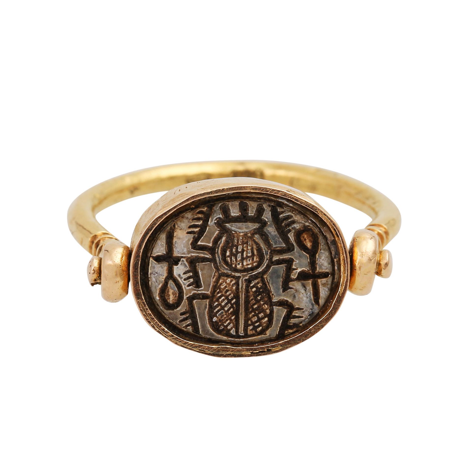 Wendering mit ägyptischer Skarabäusdarstellungin Stein geschnitten (ca. 1500 v. Chr), Ring GG 18K,