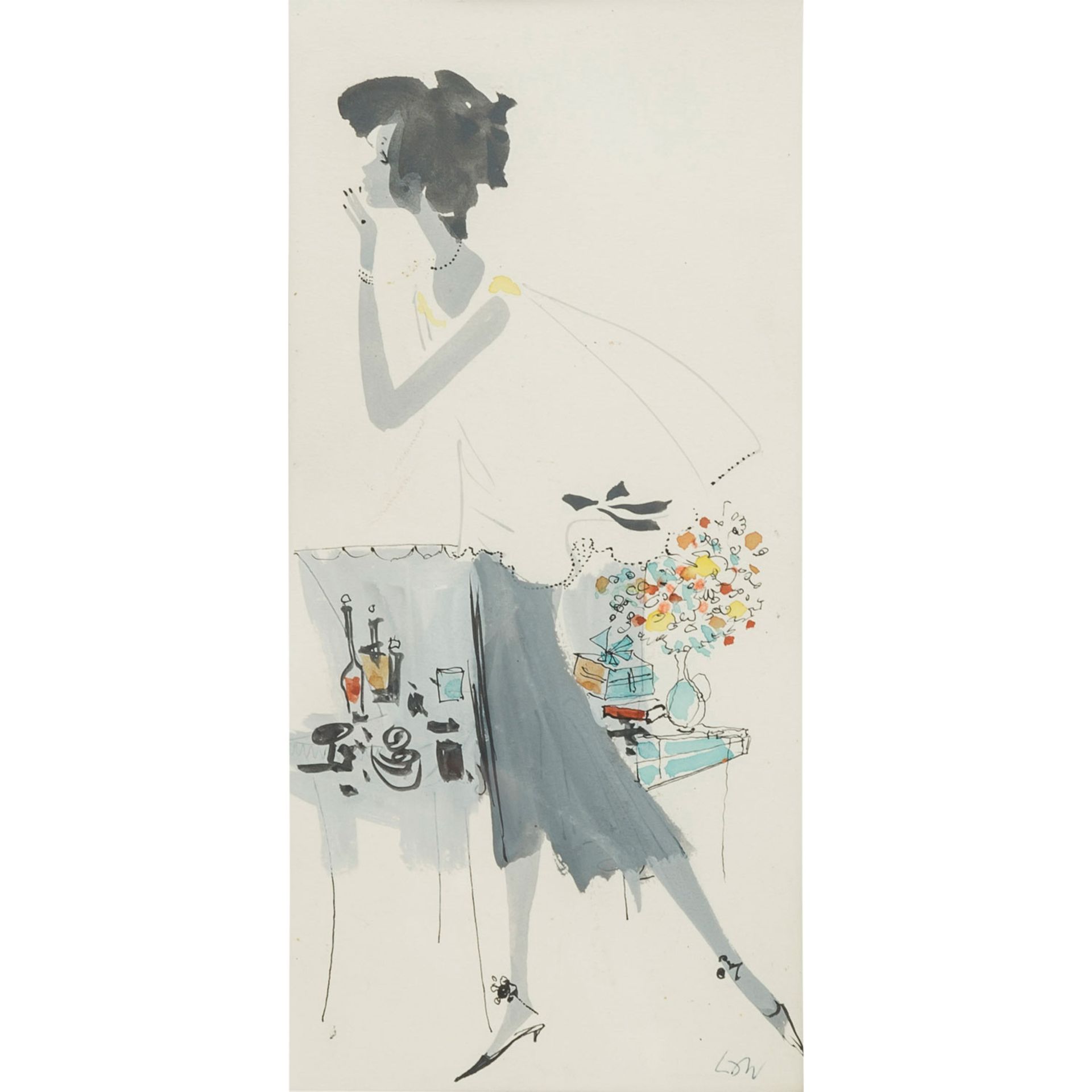 RASCH-NÄGELE, LILO (Stuttgarter Künstlerin; 1914-1978), "Junge Dame vor Tisch",beschwingt ins Profil