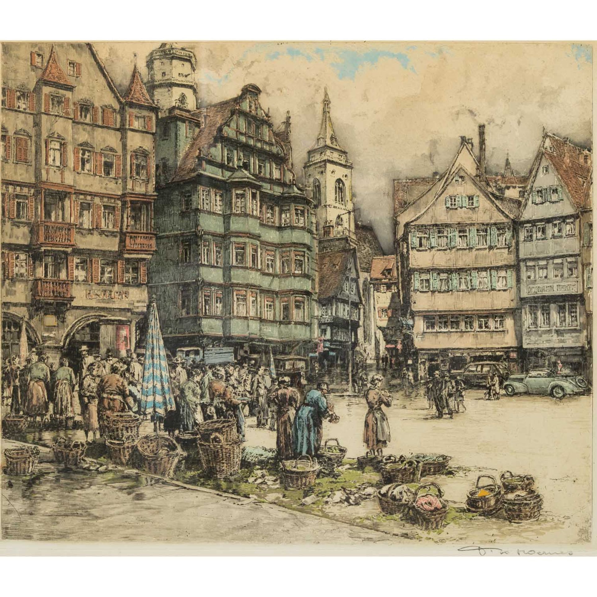 KASIMIR-HOERNES, TANNA (1887-1972), "Stuttgart, der Markt mit Markttreiben",Farbaquatintaradierung/