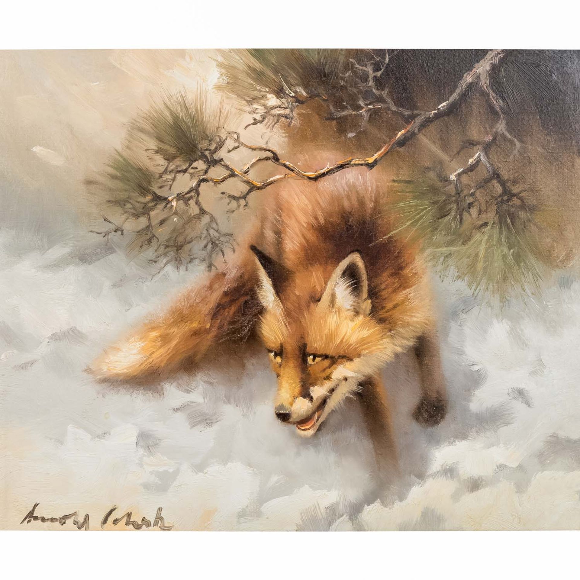 SCHATZ, ARNOLD (1929-um 1999), "Fuchs in verschneitem Wald",unter Kiefernzweigen lauernd, u.li.