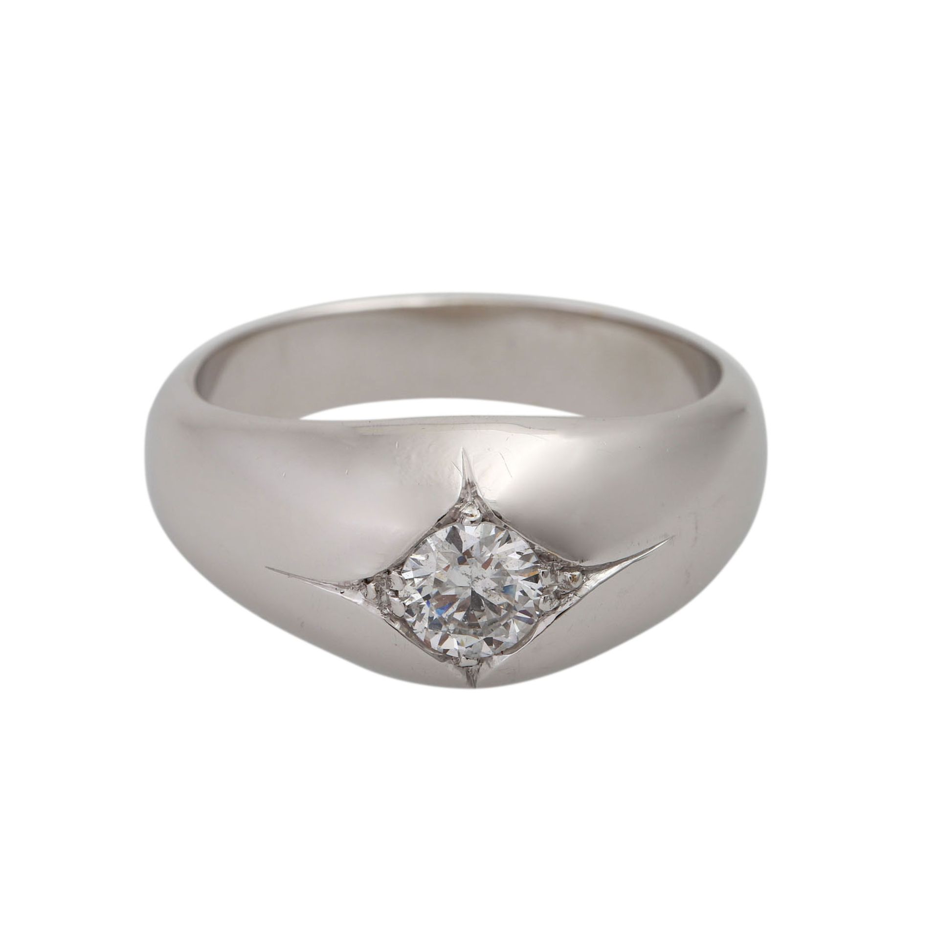 Ring mit 1 Brillant ca. 0,6 ct(punz.) LGW (I)/P1, WG 14K. RW: ca. 63,5, Schiene leicht oval. 20./21.