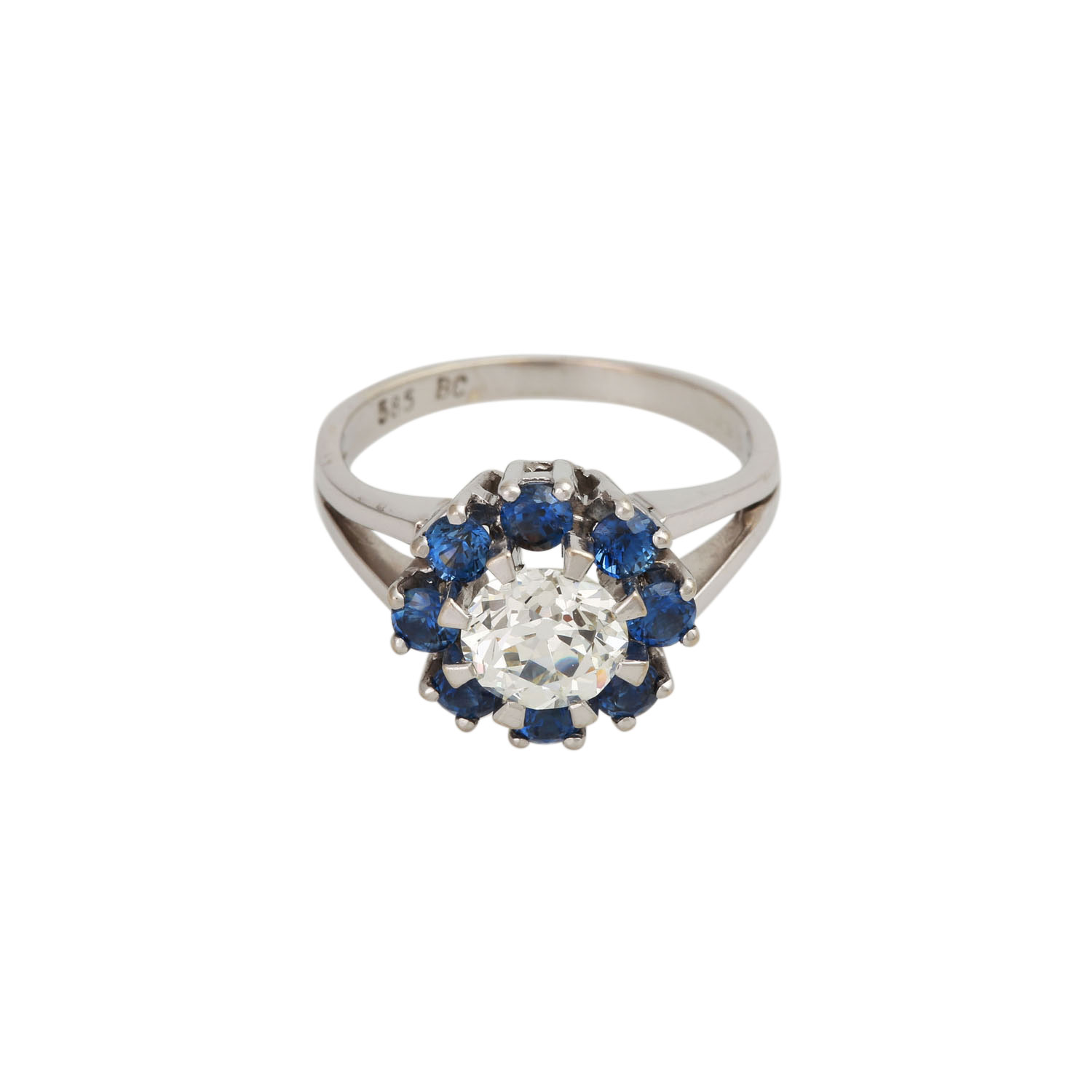 Ring mit Altschliffdiamant ca. 1,4 ct,GW (K)/VS2, Fluoreszenz: keine, Saphire von zus. ca. 0,8 ct,