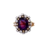 LAUDIER Ring mit ovalem Amethyst und Brillanten, zus. ca. 0,9 ct,GG 18K, RW: 54, 2.H. 20. Jh., mit