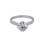 Solitärring mit Brillant, ca. 1,73 ct (grav.),LGW (J)/VS-VVS, WG 18K, RW: 53, 2. H. 20. Jh., leichte