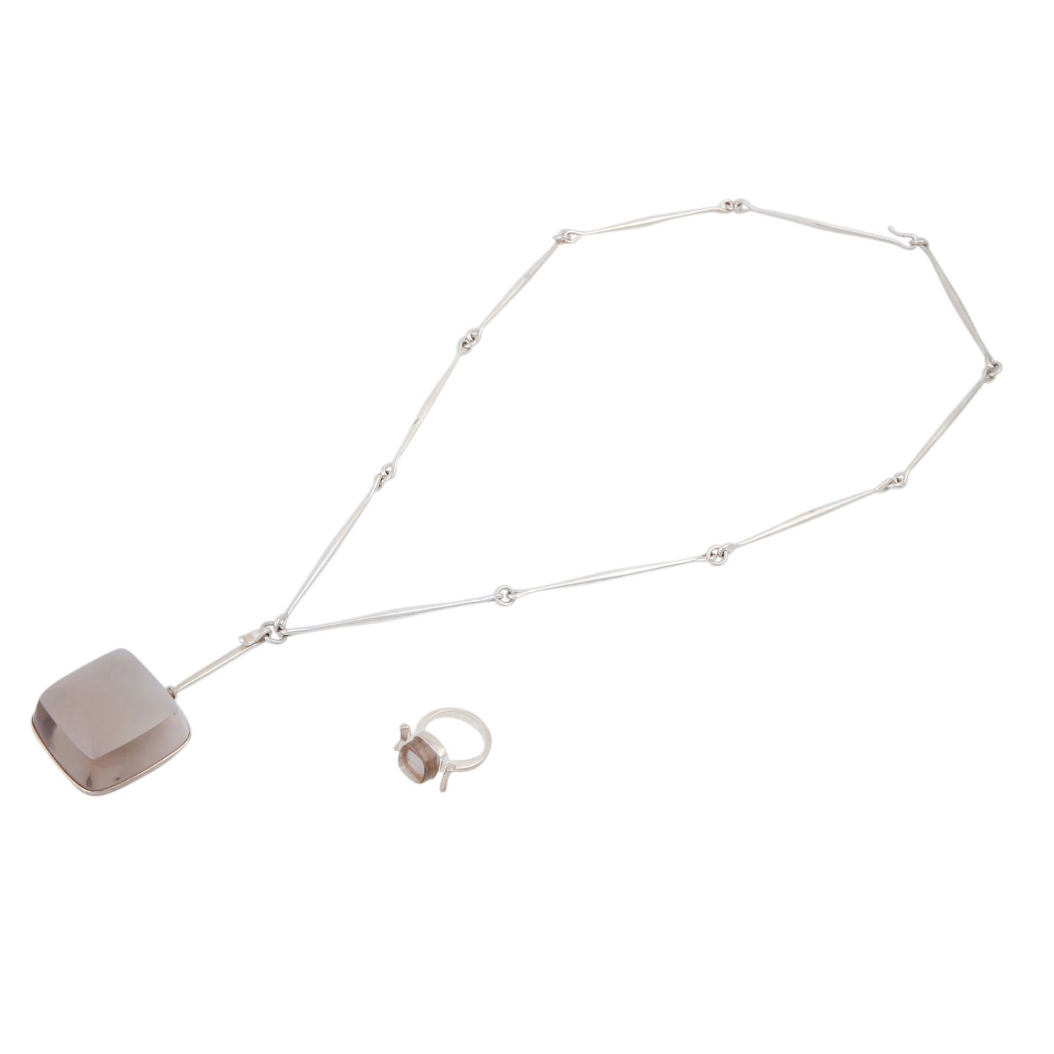 GEORG JENSEN Schmuckset Collier und Ringmit quadratischem Rauchquarz, Silber, RW 53, L: ca. 66 cm,