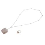 GEORG JENSEN Schmuckset Collier und Ringmit quadratischem Rauchquarz, Silber, RW 53, L: ca. 66 cm,