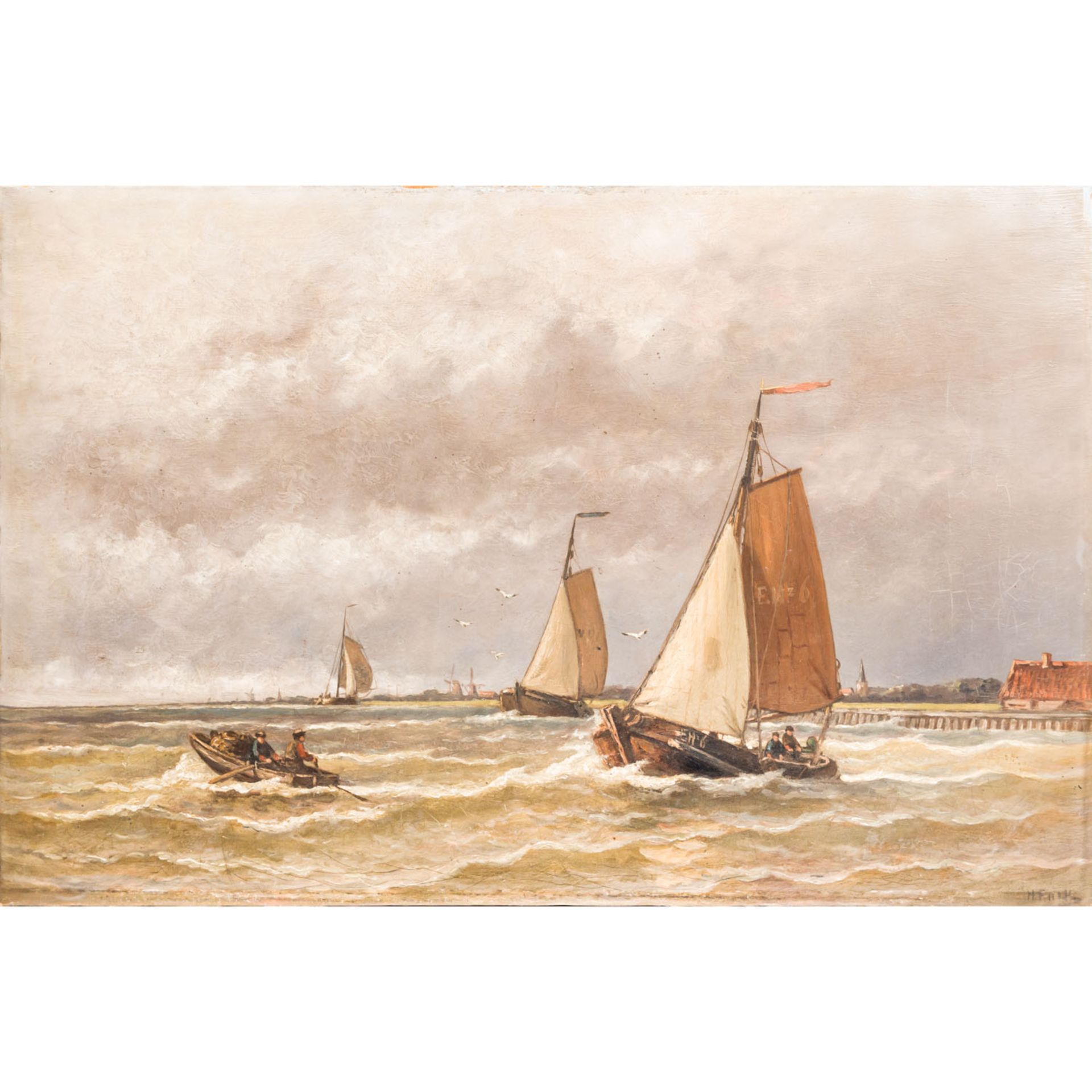 HULK, HENDRICK (1842-1937), "Fischerboote vor der Küste",Segelboote und Ruderer auf wogender See vor