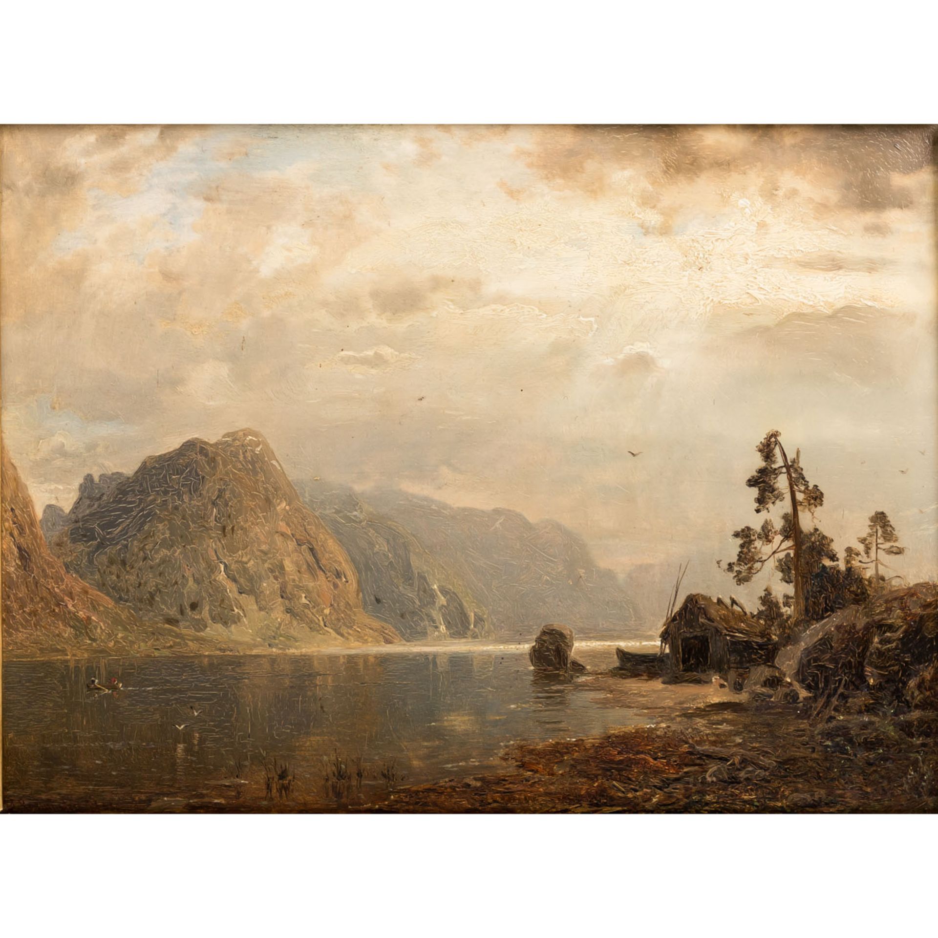 RASMUSSEN, GEORG ANTON (1842-1914), "Fjordlandschaft mit Fischerhütte in Gewitterstimmung",u.li.