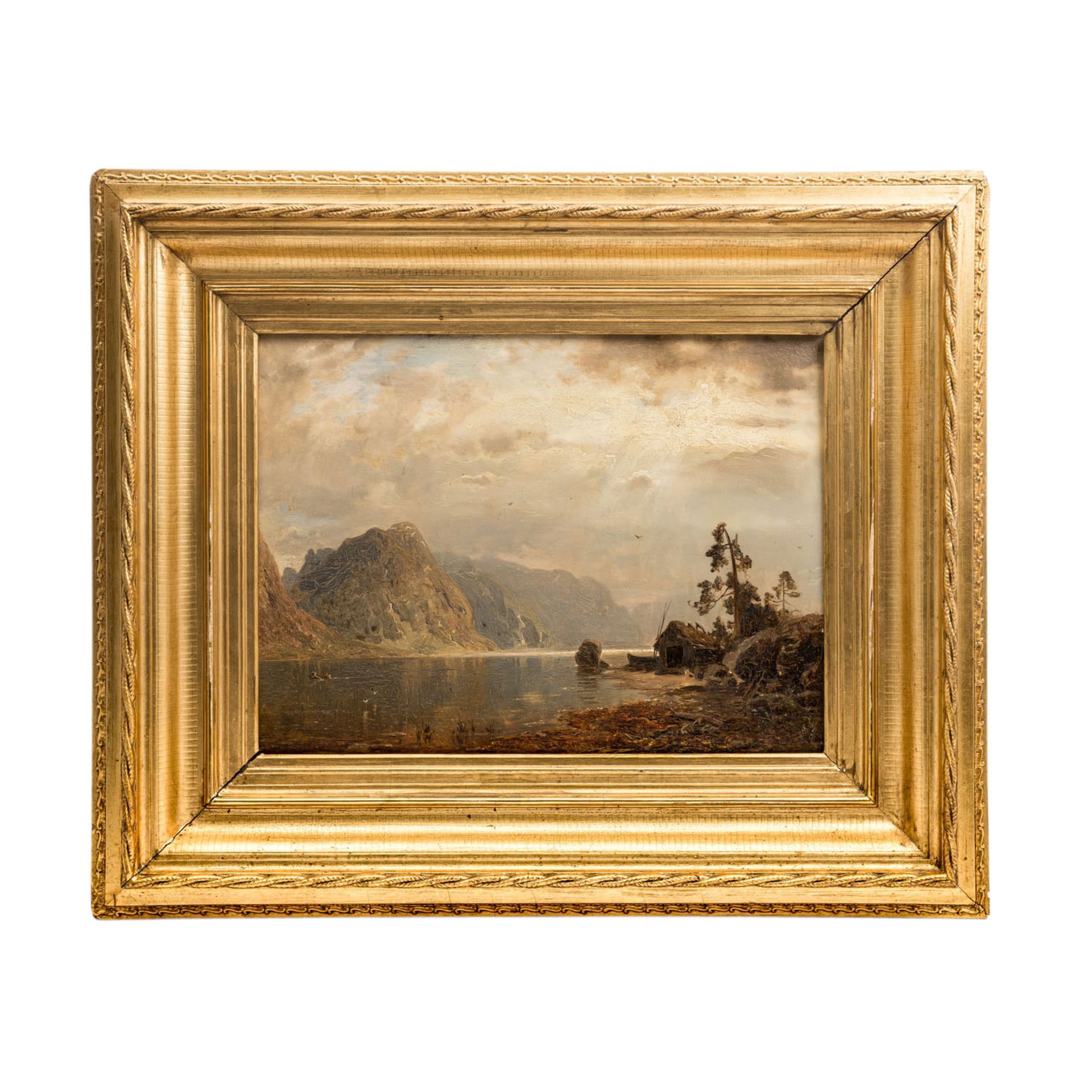 RASMUSSEN, GEORG ANTON (1842-1914), "Fjordlandschaft mit Fischerhütte in Gewitterstimmung",u.li. - Image 2 of 4