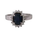 Ring mit Saphir ca. 2 ct und Diamantenzus. ca. 0,17 ct, Silber, RW: 60, Tragespuren, punz. "27"