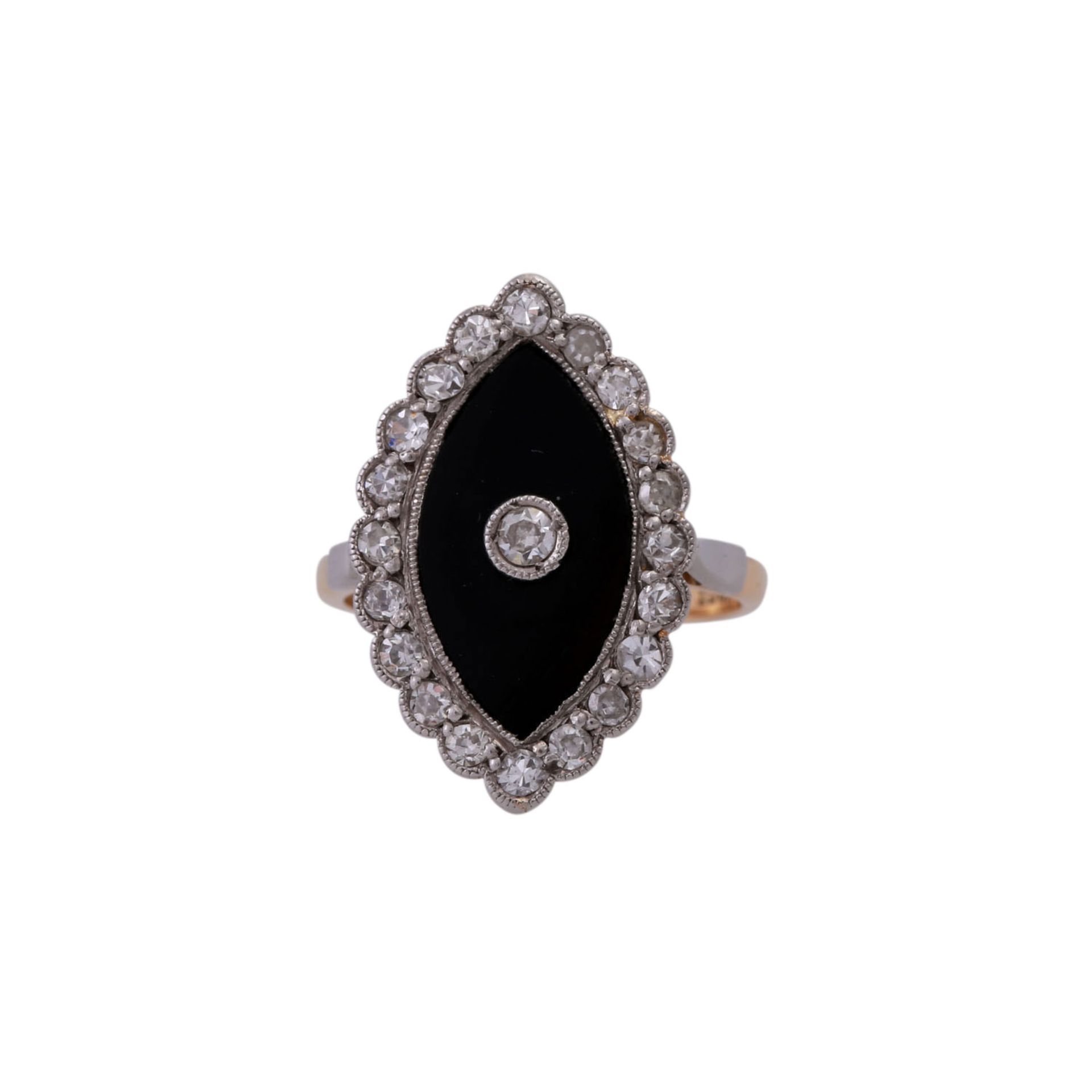 Ring mit Onyxplatte in Navetteform und Diamanten ca. 0,45 ct,Achtkant- und Altschliff, mittlerer -