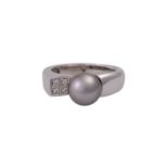 Ring mit Tahitizuchtperle und 4 Brillantenzus. ca. 0,08 ct, Perle ca. 9,5 mm, WG 18K, RW 58, Ende