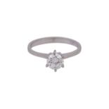 Solitärring mit Brillant, ca. 0,7 ct,FW (F)/VVS2. WG 14K, RW: 52, 2. H. 20. Jh., leichte