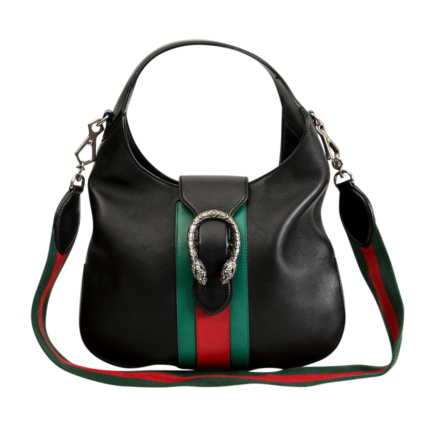 GUCCI Hobo-Bag "DIONYSUS".NP.: 1750,-€. Glattleder in schwarz mit typischem Streifendetail in Rot/