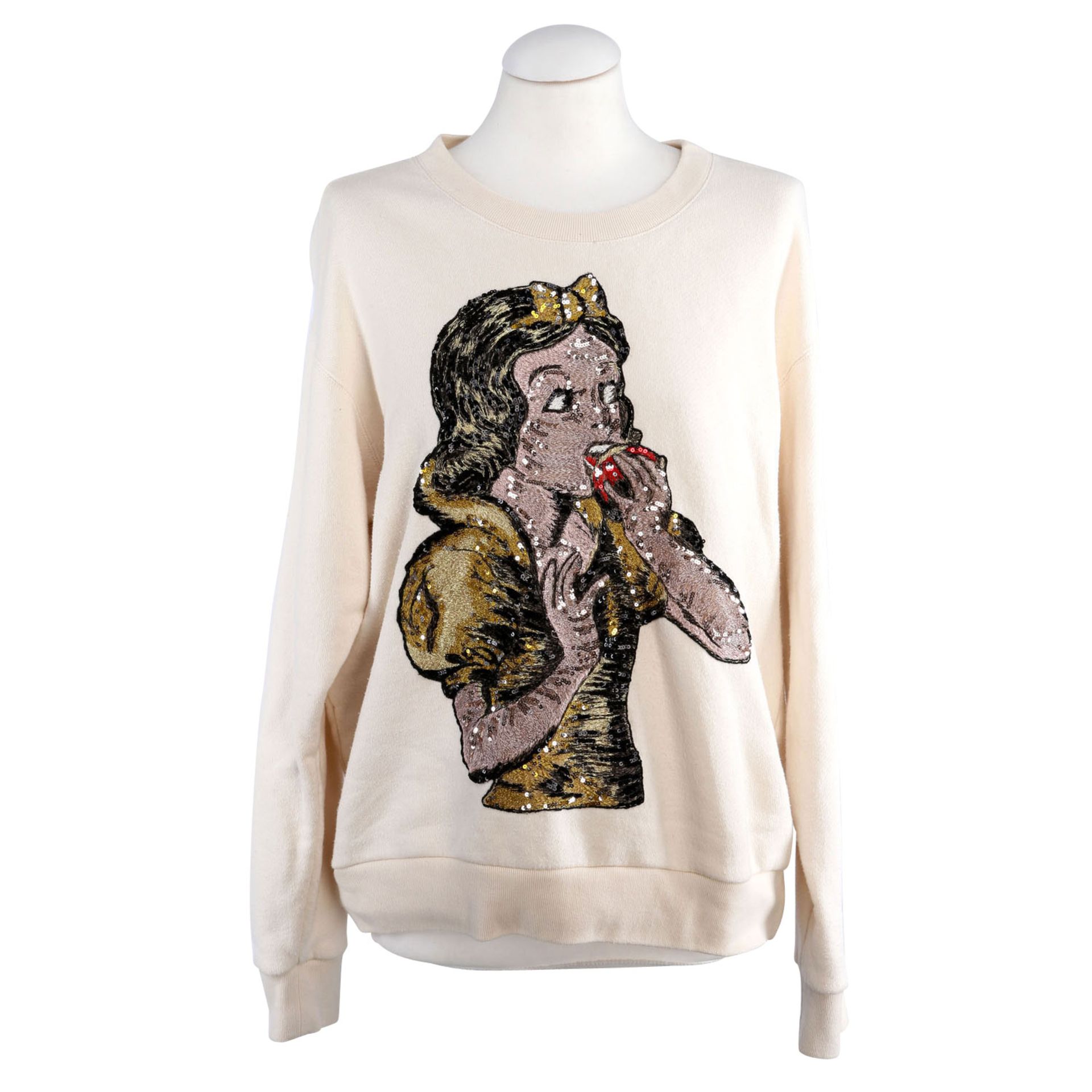 GUCCI Pullover, Gr. XS.NP.: 1.380,-€. Textil in Beige mit Schneewittchen-Motiv. Pilling und