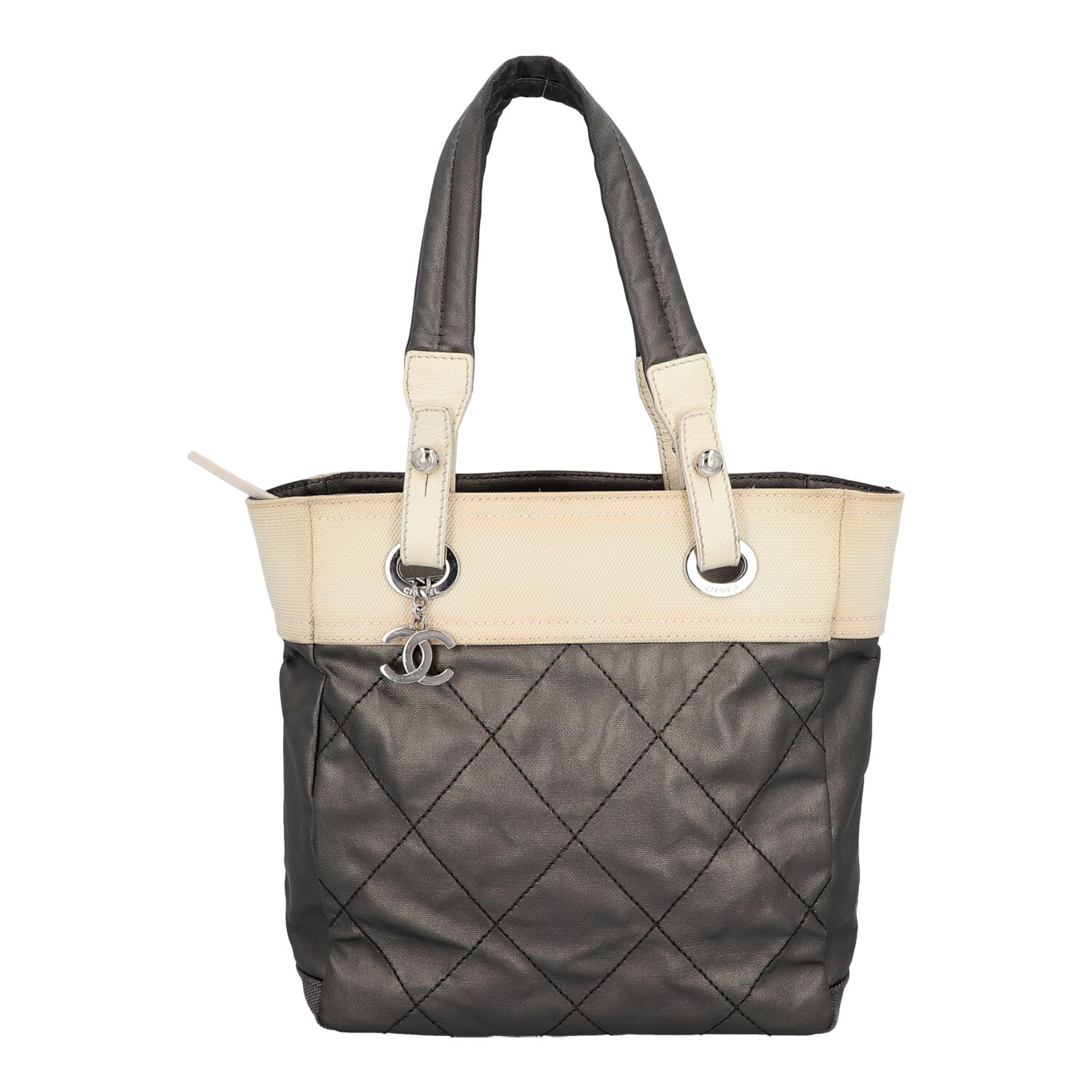 CHANEL Shopper Koll.: 2006 - 2008.Material - und Farbmix, creme und grau-metallic, Canvas und Leder,