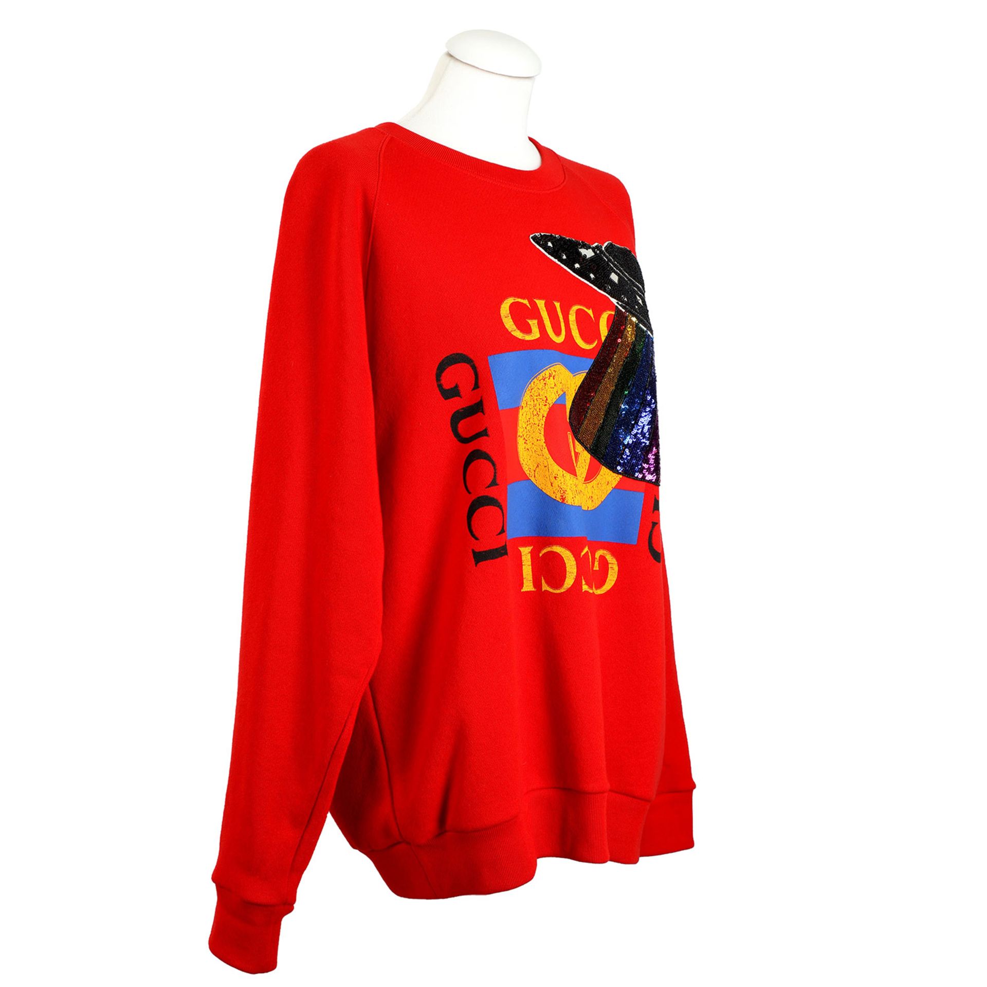 GUCCI Pullover, Gr. M. NP.: 890,-€.100% Baumwolle in Rot, Vorderseite mit mittigem Gucci-Logo und - Bild 2 aus 4