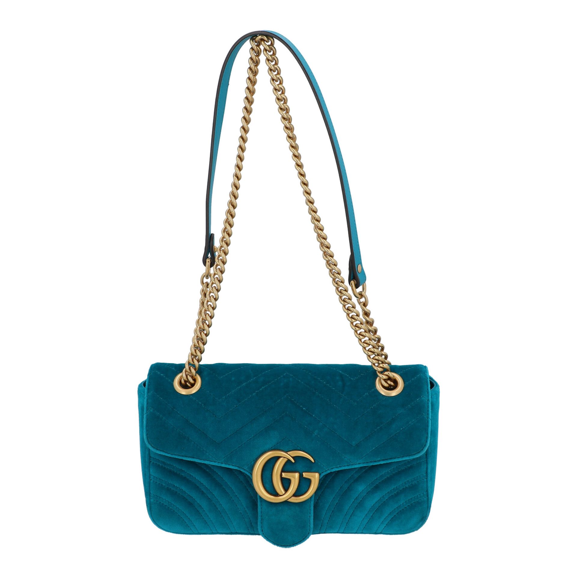 GUCCI Schultertasche "GG MARMONT", akt. NP.: 1.490,-€.Petrolfarbener Samit mit Zick-Zack Steppung,