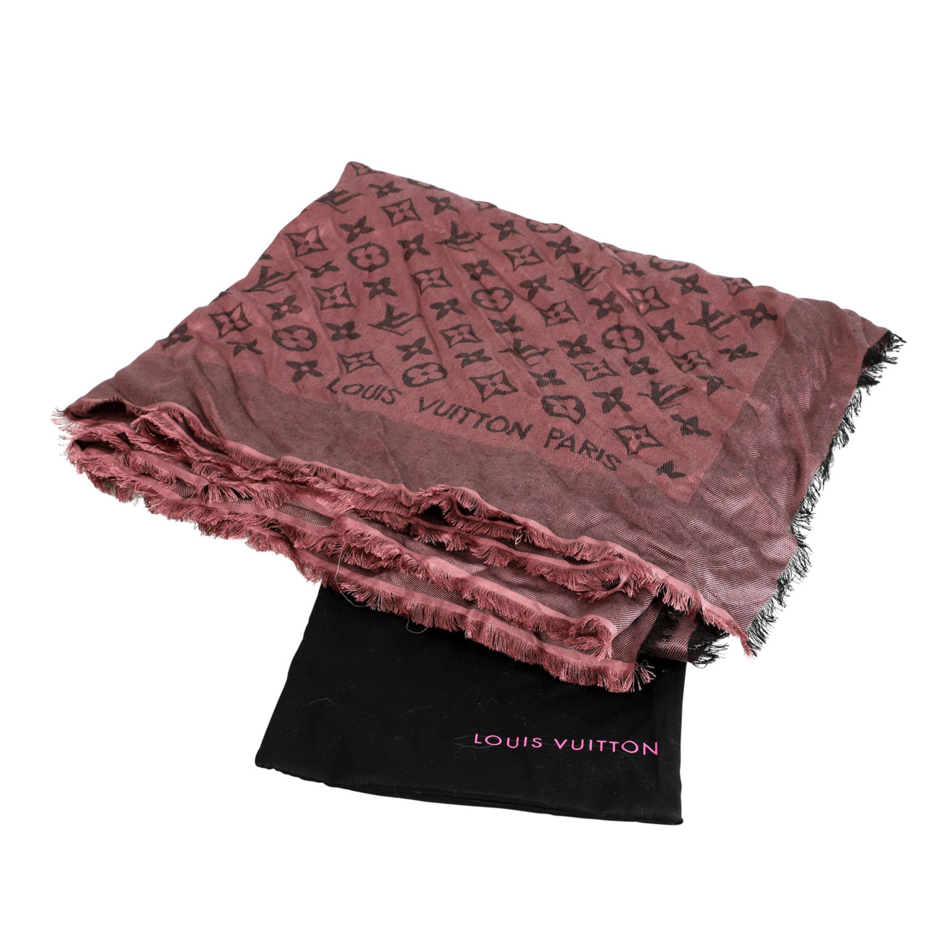 LOUIS VUITTON Foulard "SHINE".Akt.NP.: 460,-€. Seiden-/Wollgemisch. Monogram in Beerenfarben, - Bild 3 aus 3