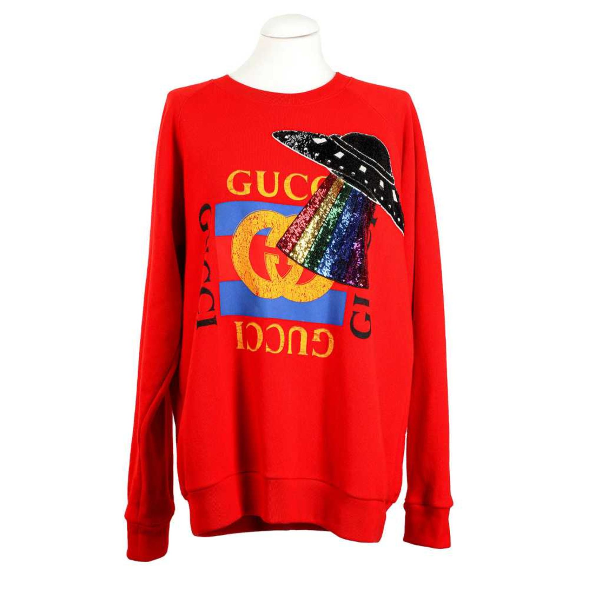 GUCCI Pullover, Gr. M. NP.: 890,-€.100% Baumwolle in Rot, Vorderseite mit mittigem Gucci-Logo und
