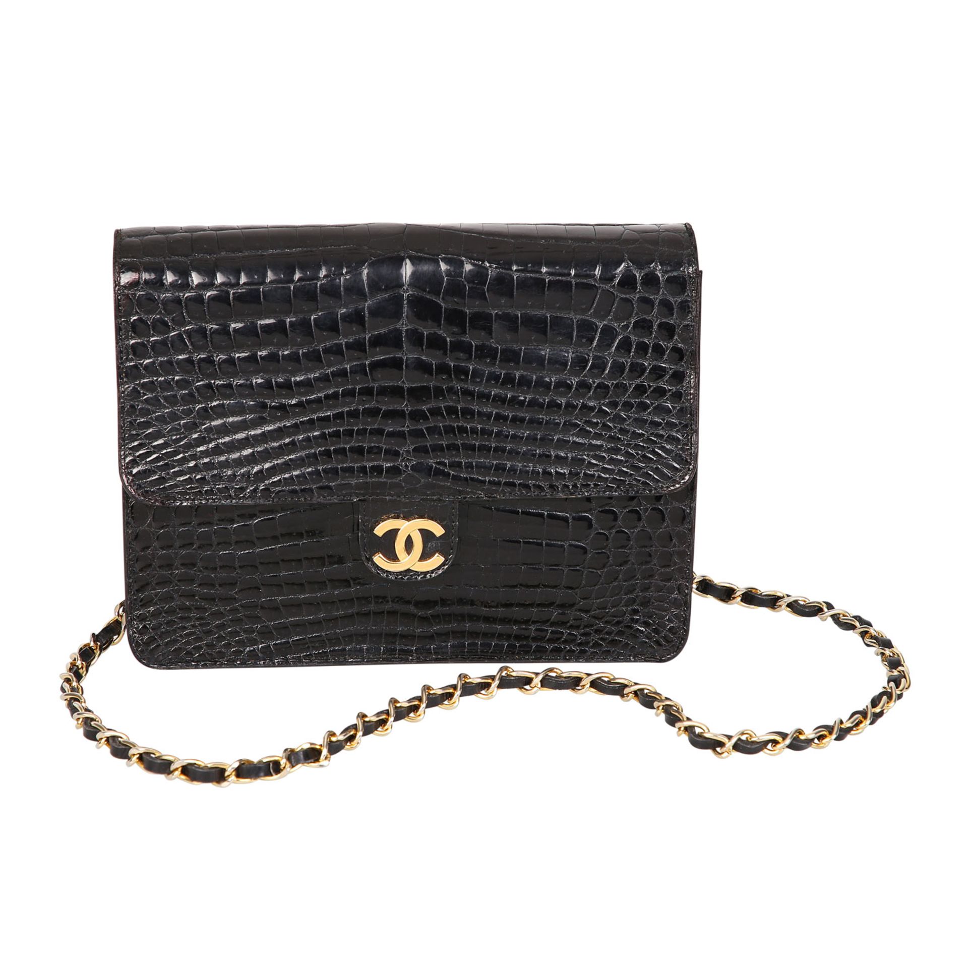 CHANEL Umhängetasche "SINGLE FLAP", Koll.: 1980er Jahre.Glanzgestoßenes, schwarzes Krokodil-Leder,