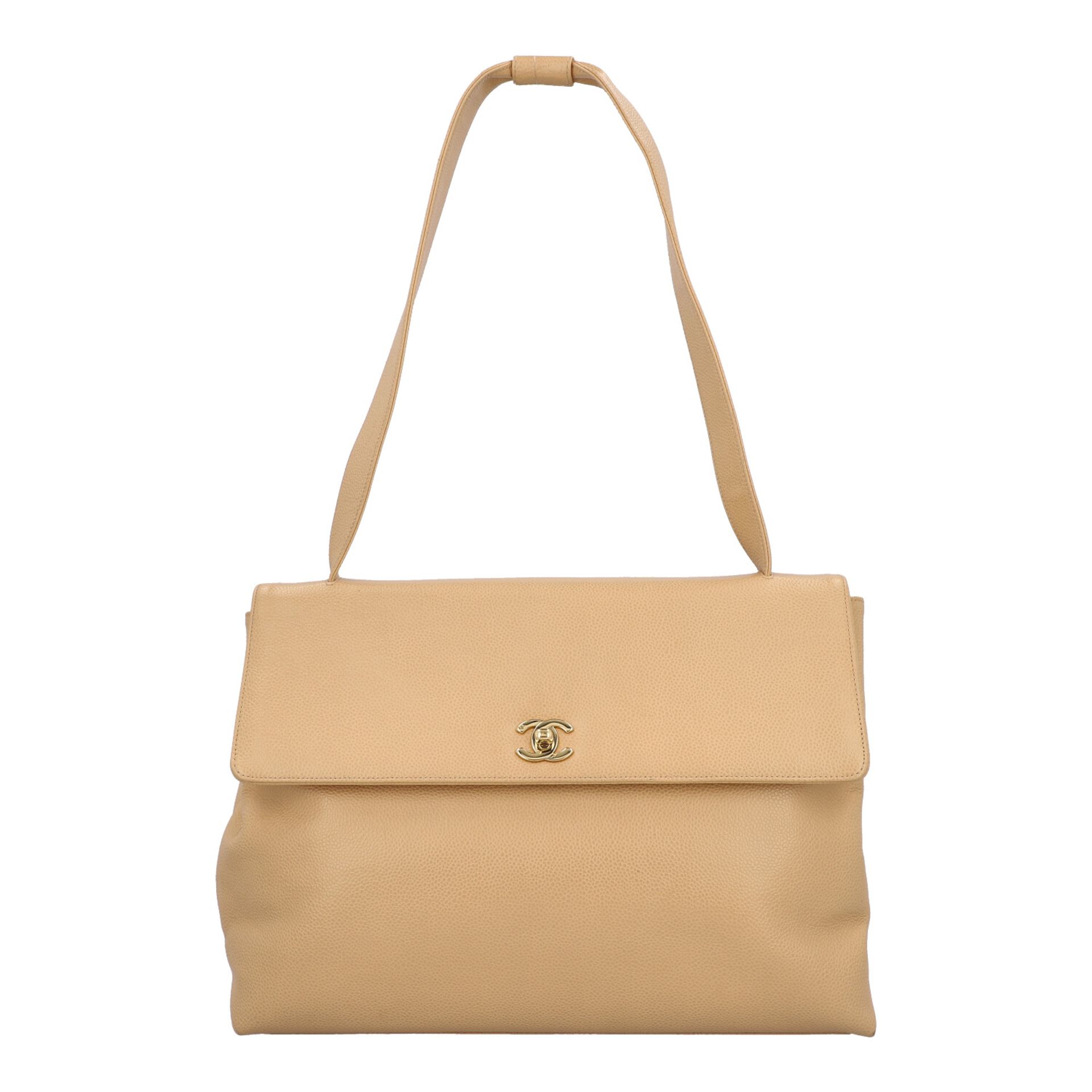 CHANEL VINTAGE Schultertasche, Koll. 1997-1999.NP. ca.: 3.500,-€. Fein genarbtes Kalbsleder in Beige