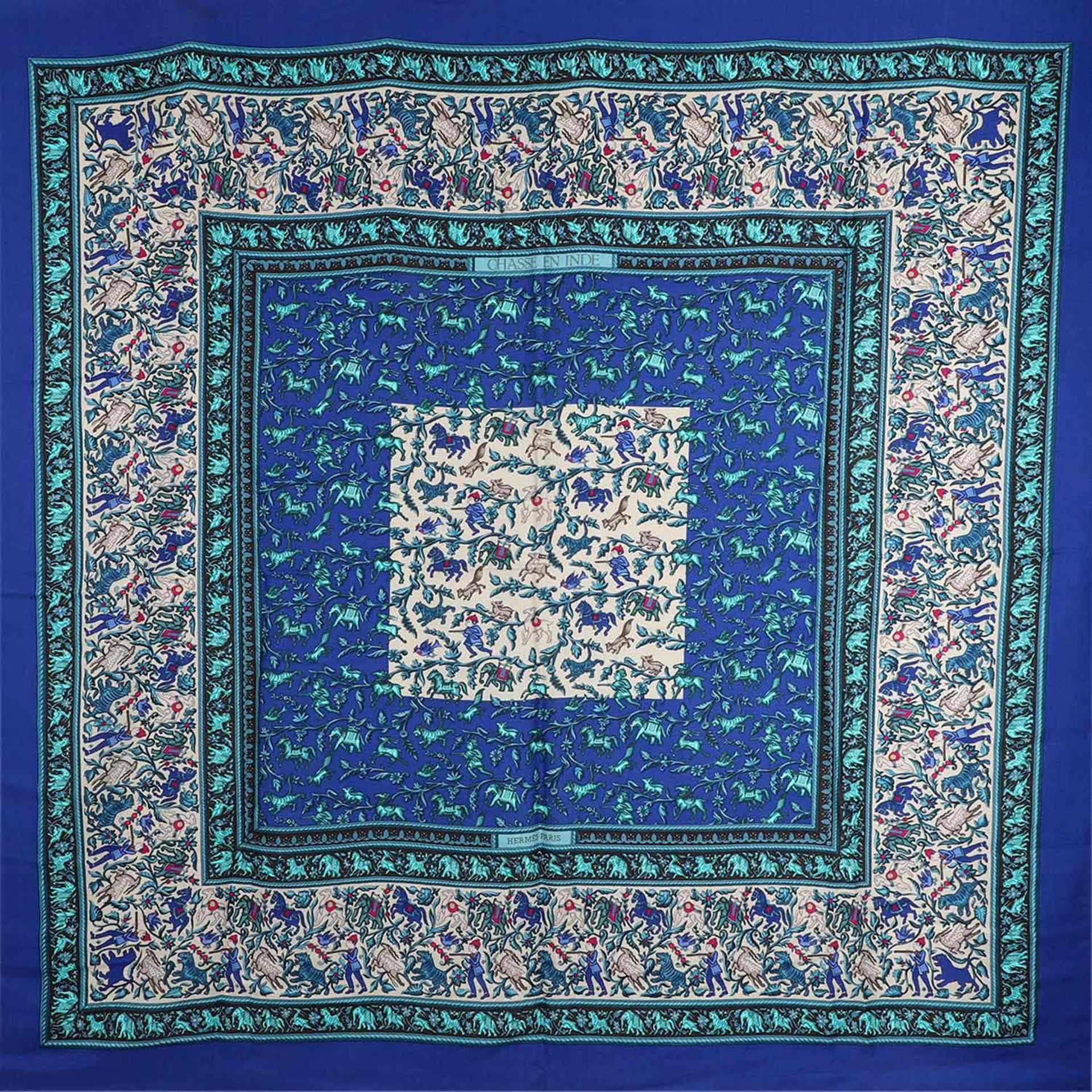 HERMÈS Foulard "CHASSE EN INDE",By Michel Duchene, Entwurf erstmals 1986 erschienen. 70 %