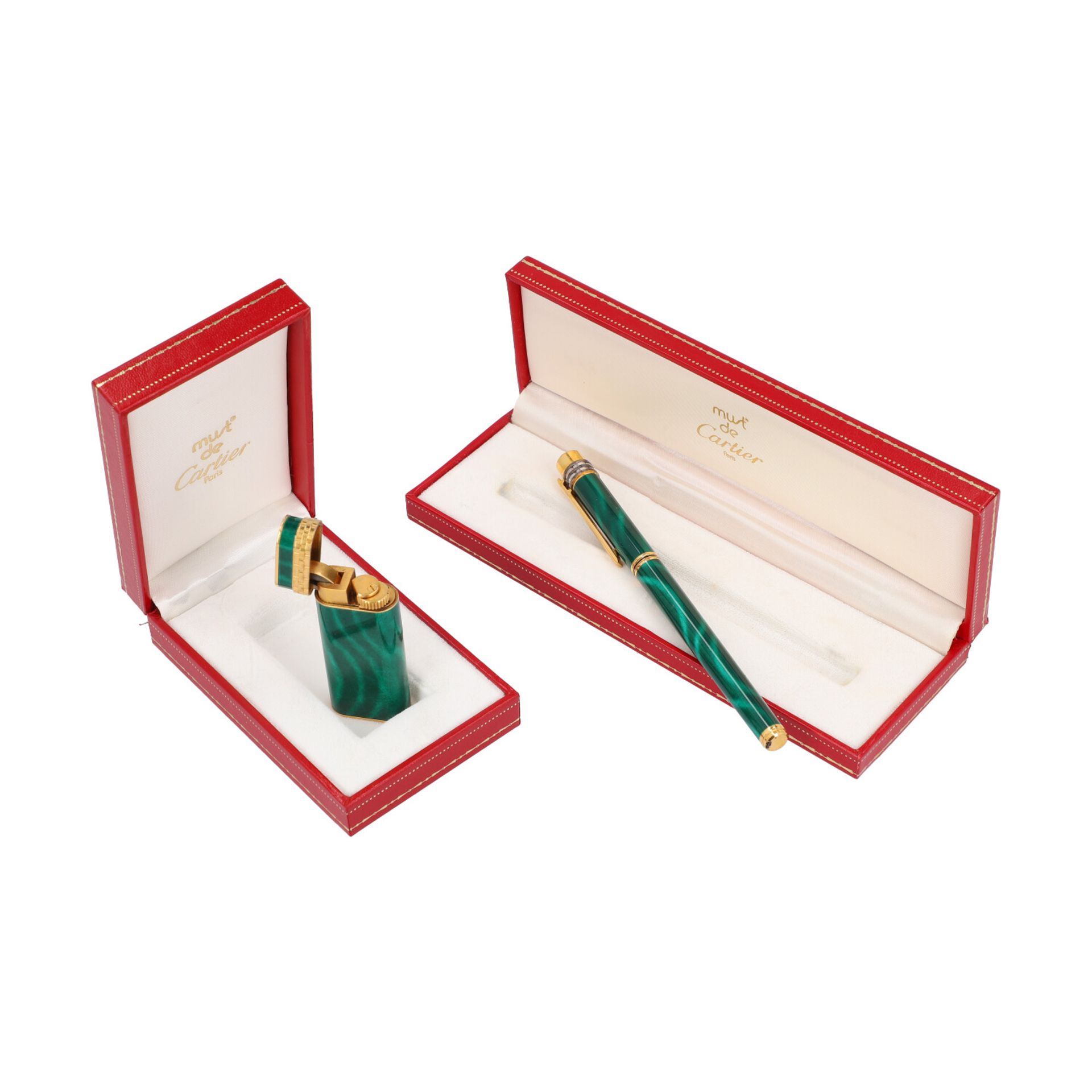 CARTIER Konvolut.Feuerzeug (NP. ca.: 800,-€) und Kolbenfüller (NP. ca.: 400,-€) aus grünem - Bild 5 aus 6