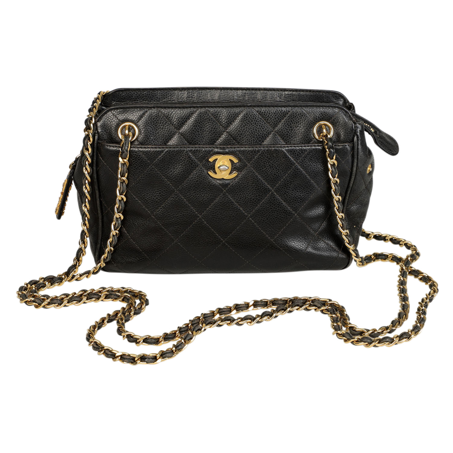 CHANEL VINTAGE Handtasche.In Rauten gestepptes Kaviar-Leder mit goldfarbener Hardware, Außenfach auf